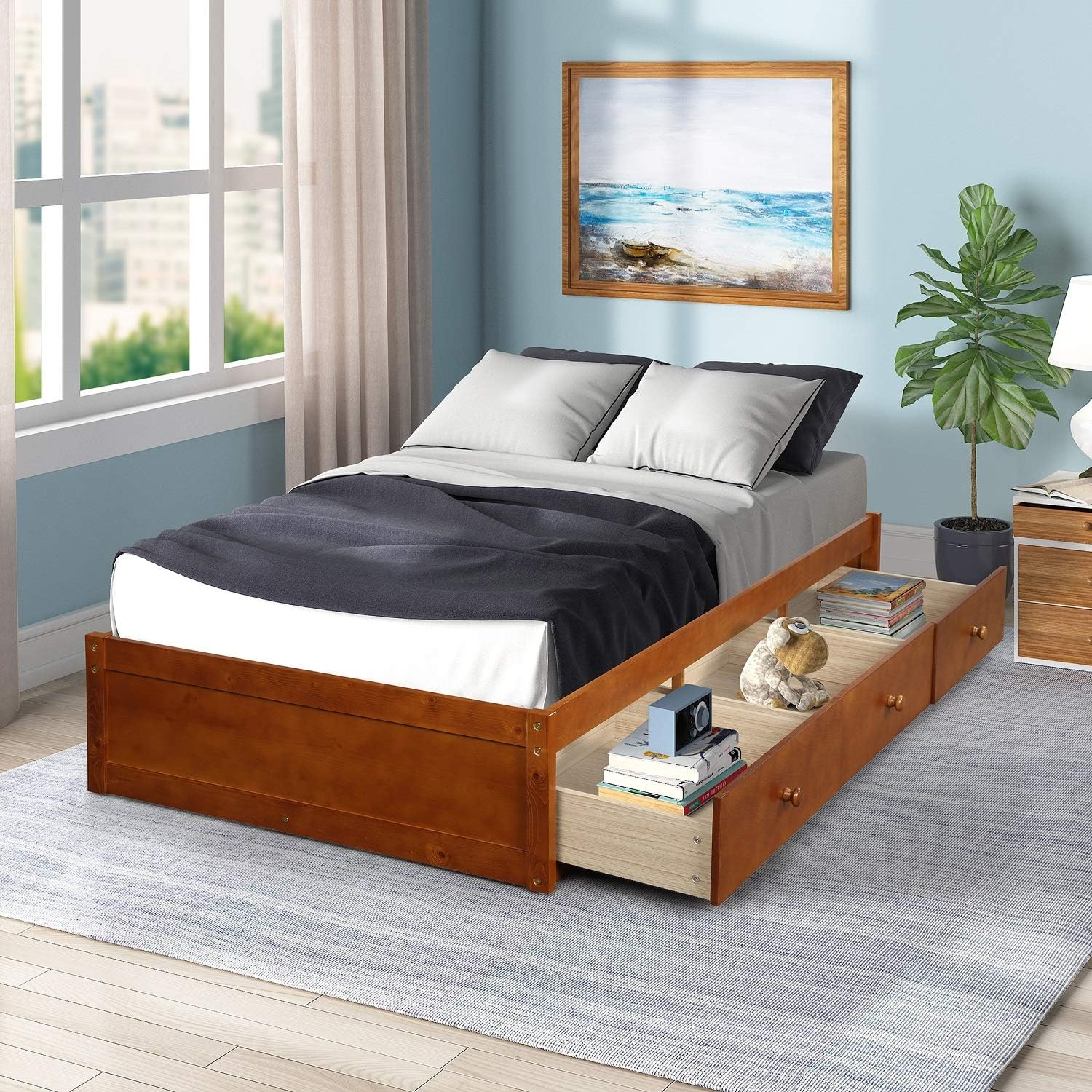 Danxee Twin Bed with Storage Platform Bed with 3 Drawers Captain Bed Frame (Oak)