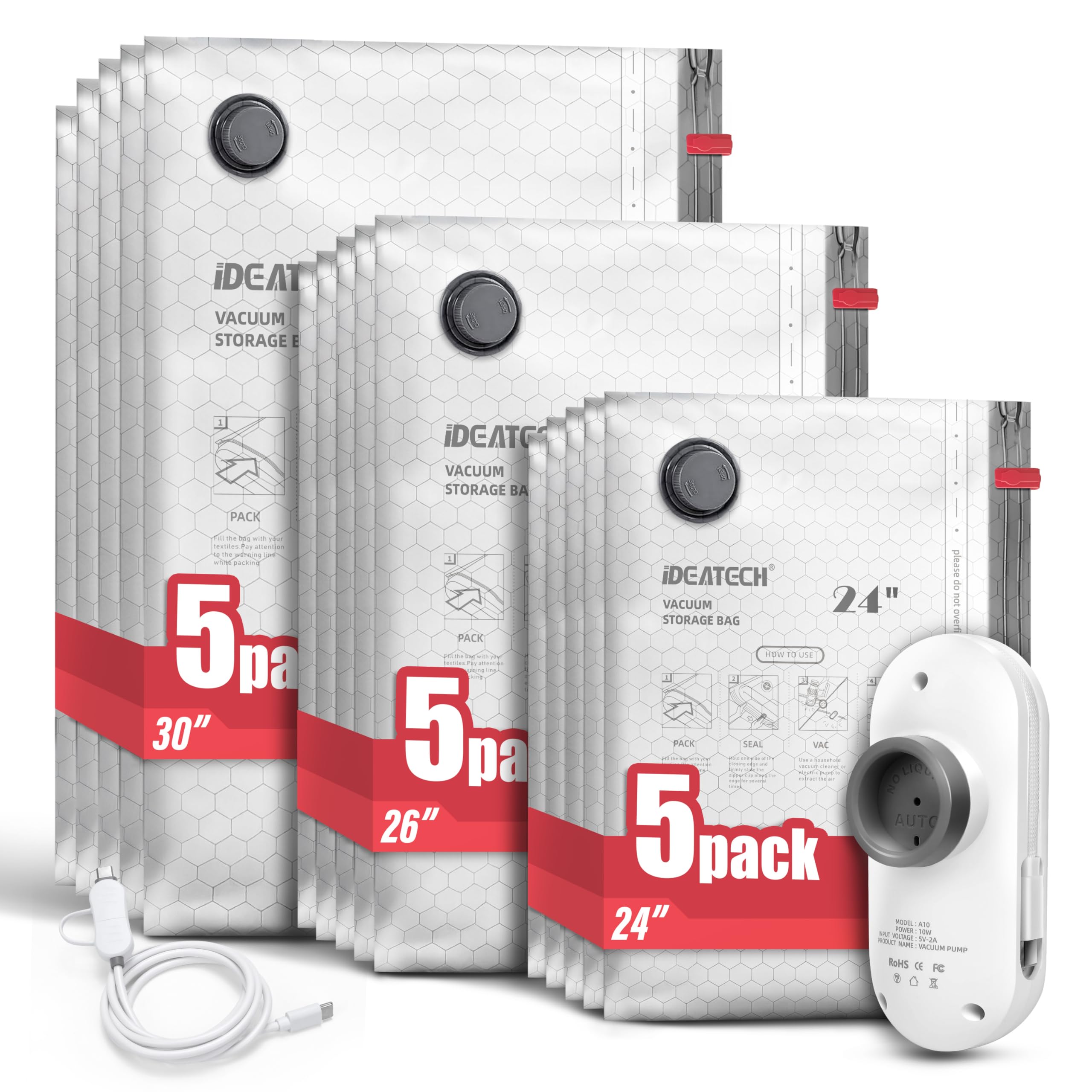 IDEATECH Confezione da 15 sacchetti sottovuoto da viaggio con pompa USB, sacchetti sottovuoto per abbigliamento e bagagli, resistenti, riutilizzabili, sacchetti a compressione salvaspazio per