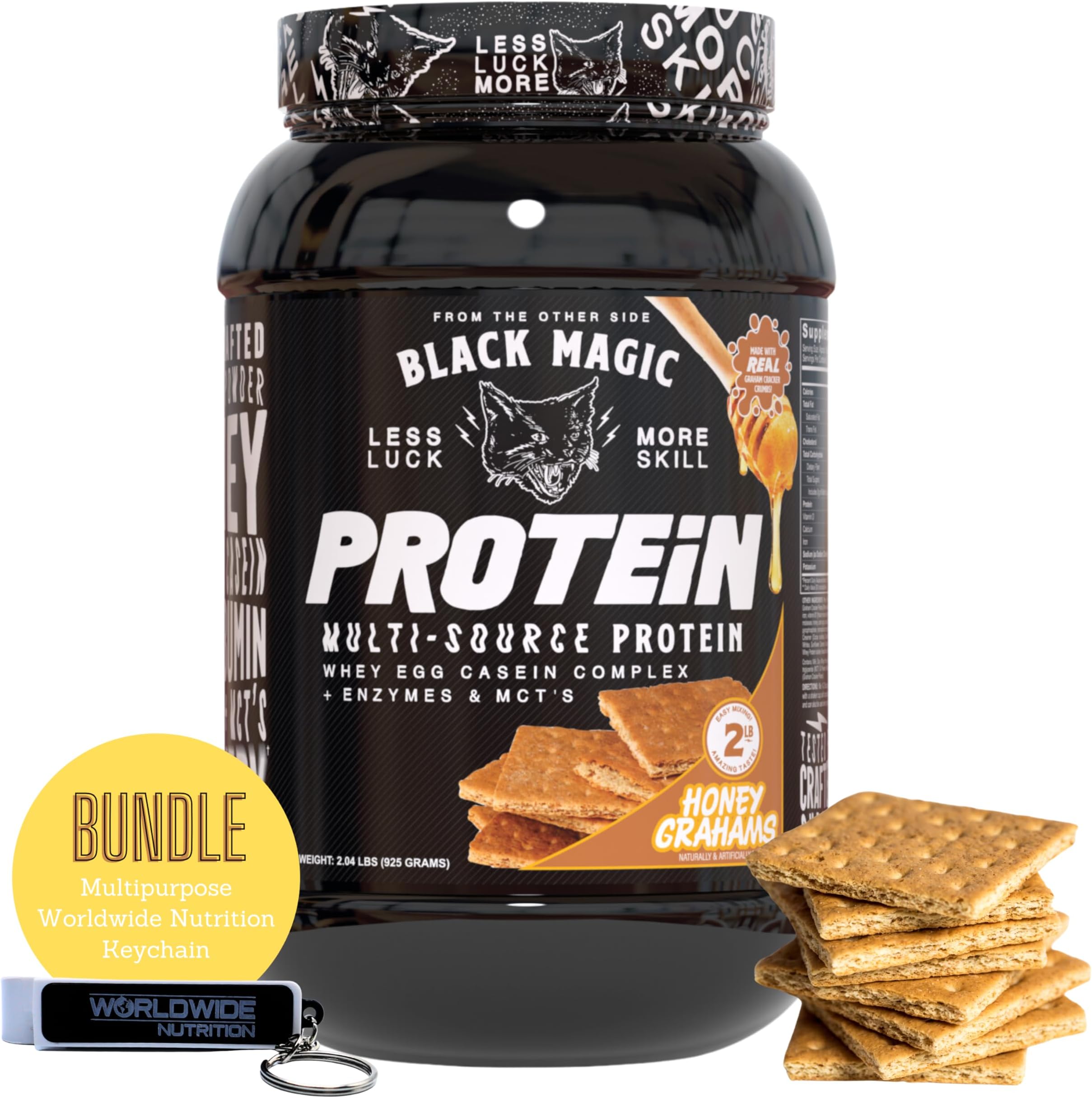 Worldwide Nutrition Bundle: Black Magic Multi-Source Protein Powder - Whey, Egg Albumin Enzymes, Micellar Casein & MCTs-Muscle Mass Gaining -Honey Grahams Flavor-2 LB & Multi Purpose Keychain