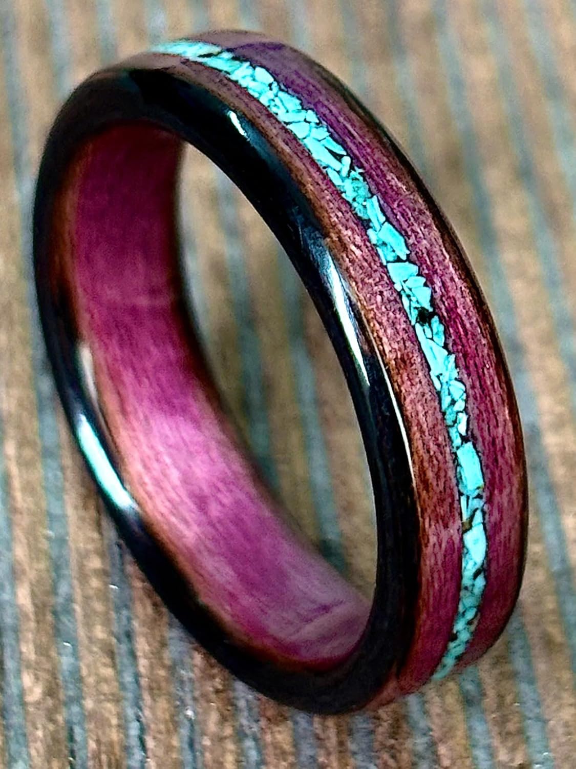 Purple Heart wood with turquoise stone inlay ring - bentwood ring - gemstone ring - beautiful wood ring - wedding rings