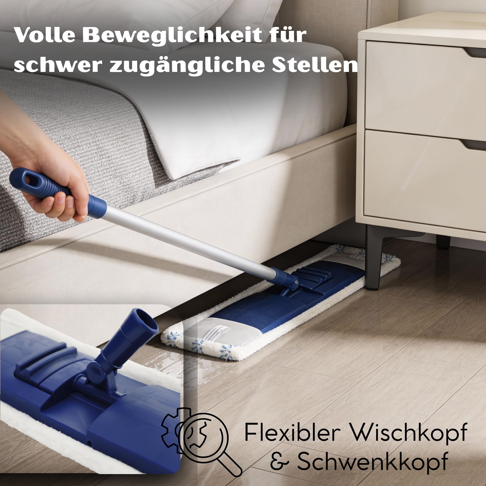 Novaliv System mopa do podłóg z drążkiem | 3-częściowy biały | 46 x 13 cm i 140 cm długości | oszczędność miejsca | mop do czyszczenia podłóg z laminatu, podłóg z twardego drewna