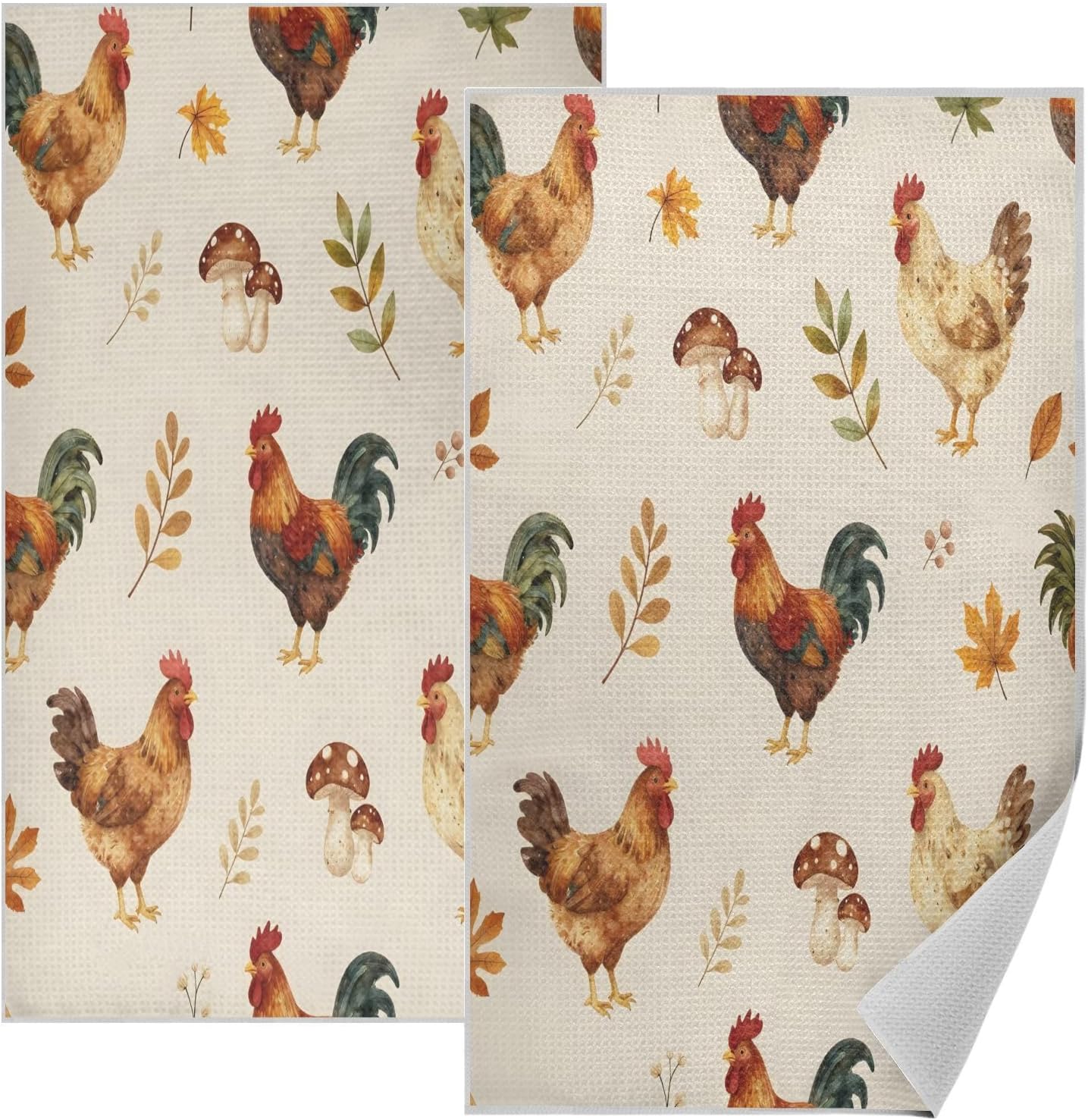 Chickens and Mushrooms 2Pcs Waffle Kitchen Towels, Ultra Soft Absorbent Quick-Dry Microfiber Dish Towels Reusable Decorative Tea Towels for Kitchen 18×30 Inches