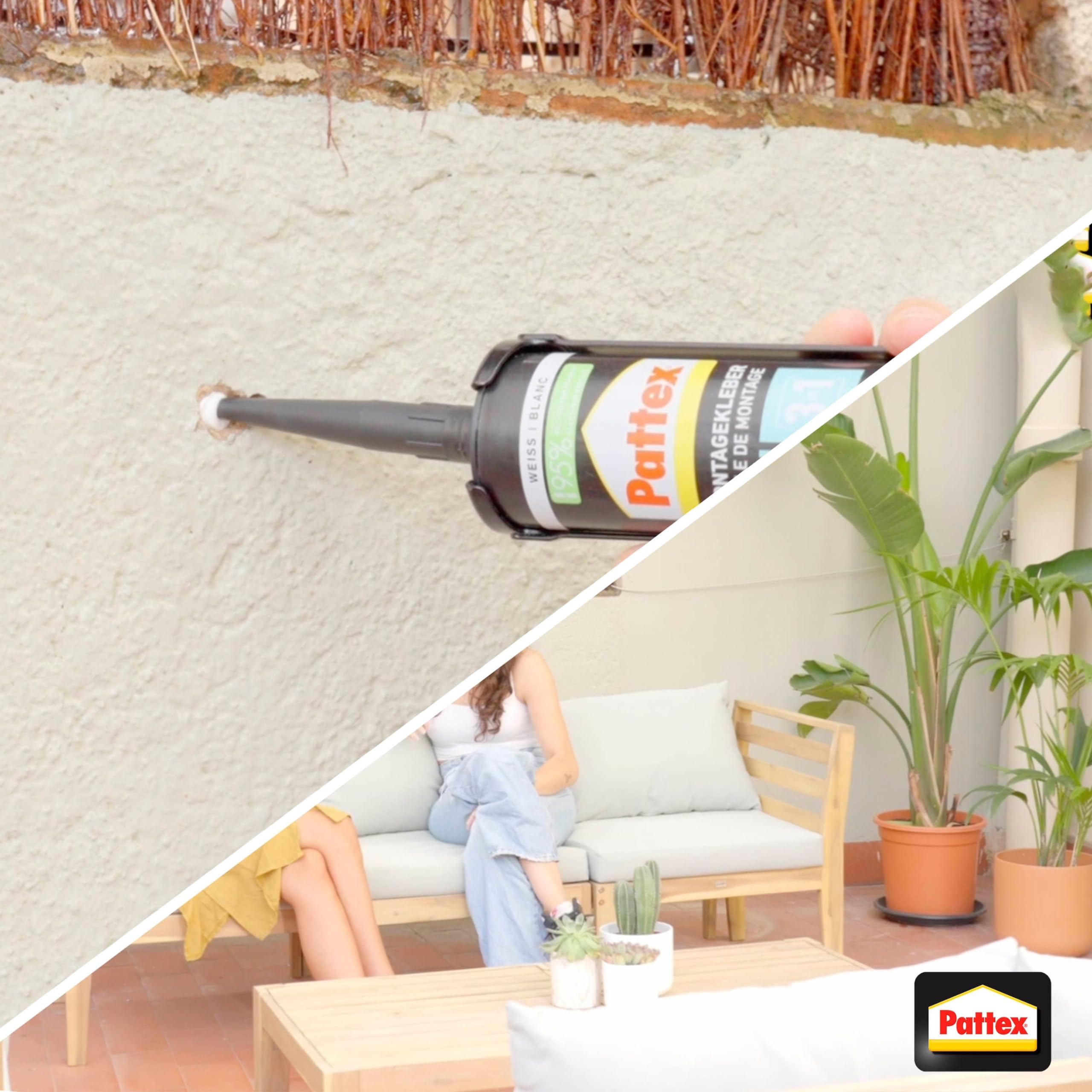 Pattex Montage Multi 3, 3in1 Montagekleber, starker Kraftkleber für fast alle Materialien*, wetterbeständiger Baukleber für innen und außen**, weiß, 12x390g Kartusche