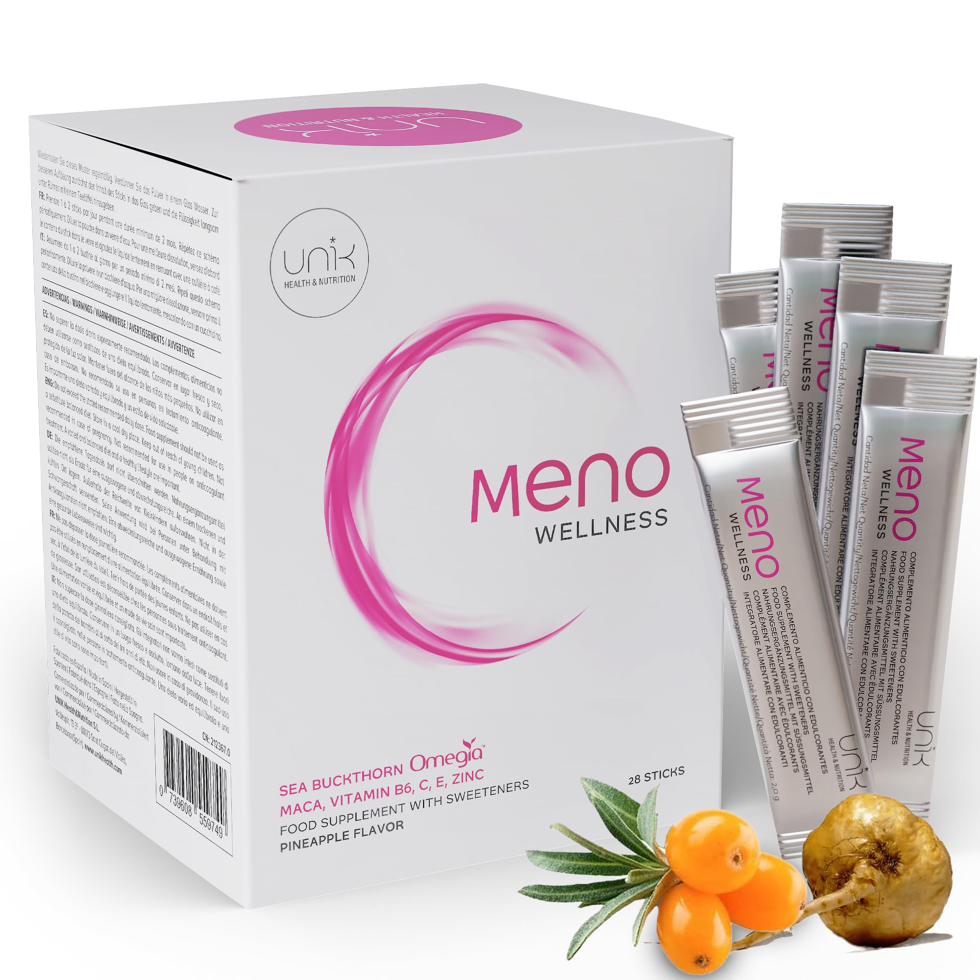 Nahrungsergänzung für die Wechseljahre – Maca, Sanddorn OMEGIA™ + Zink + Vitamin B6 + C + E – Hormonelle Balance & Energie für Frauen – 28 Sticks | UNIK HEALTH