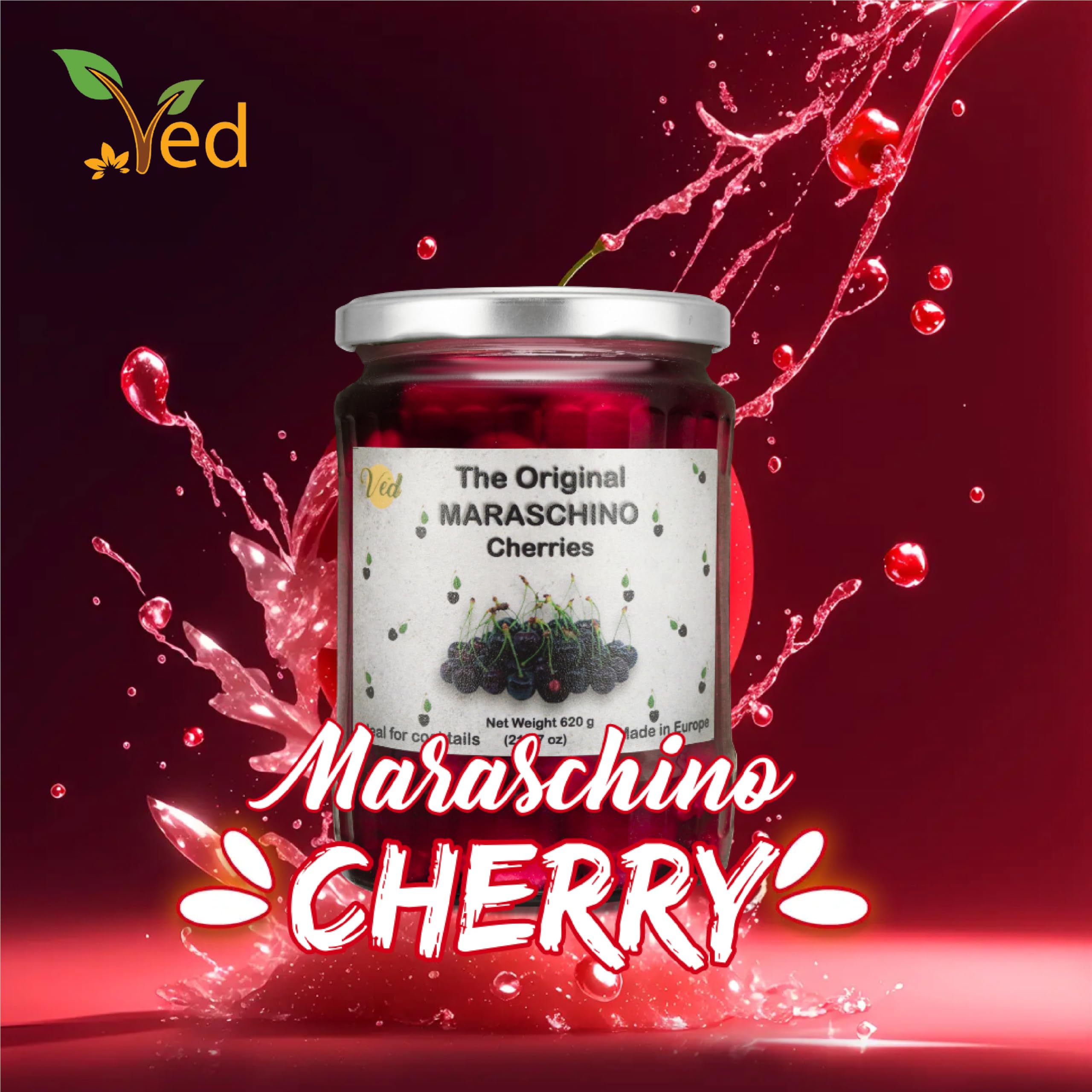 Ved Gourmet Cerezas al Maraschino Originales 620g - Cereza Italiana para Cócteles