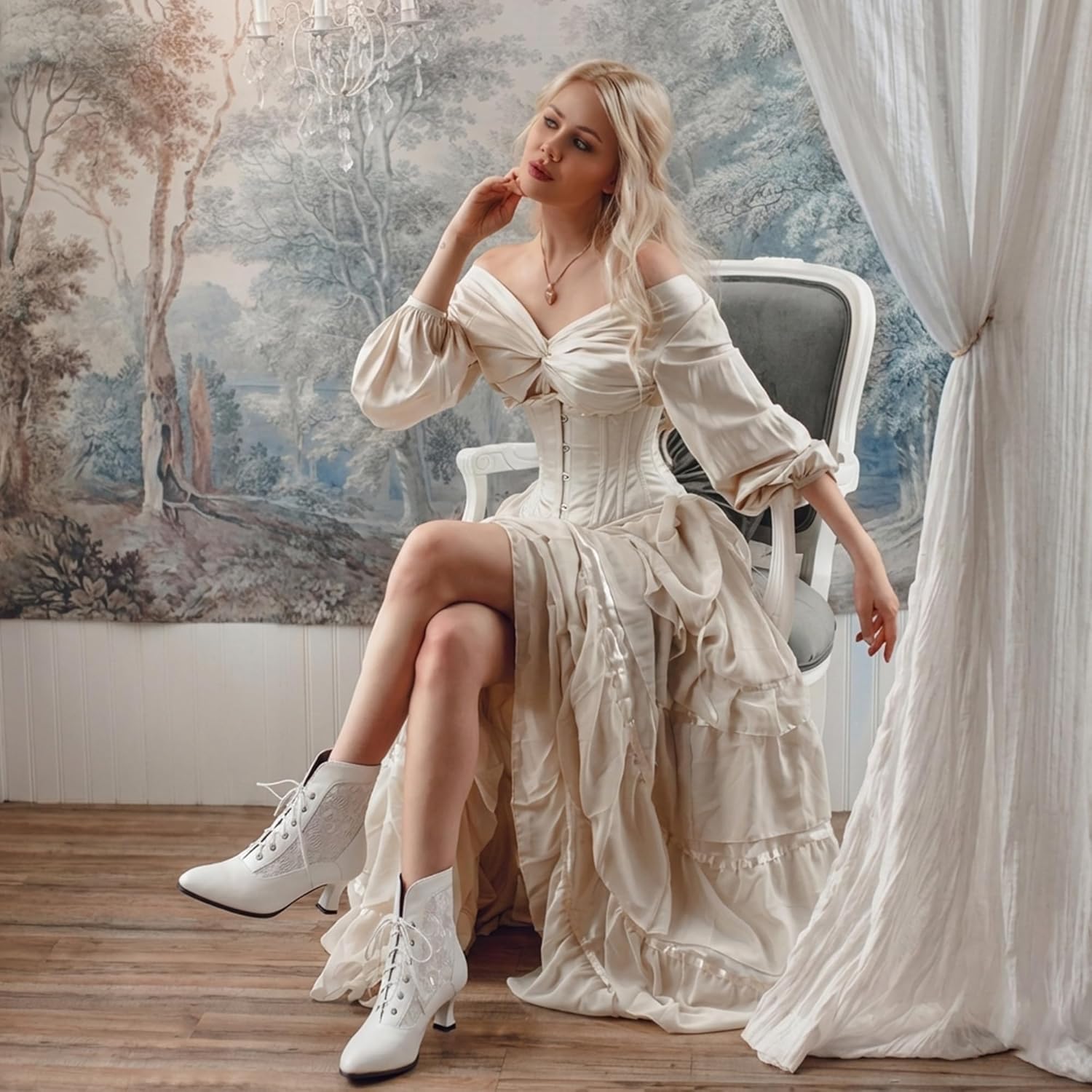 LanreyTaley Women Victorian Lace Booties Wedding Bridal Ankle Boots Witch Costume Boots Mid Heel - Image 2