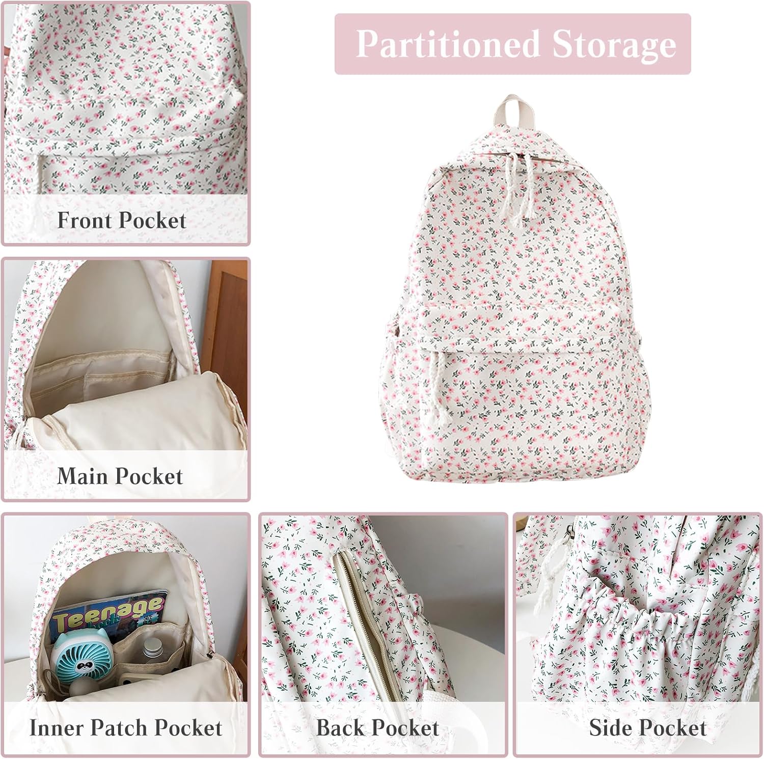 PORRASSO Backpack Casual Daypack Women Lightweight Rucksack Large Nylon Bookbag for Daily Use White A