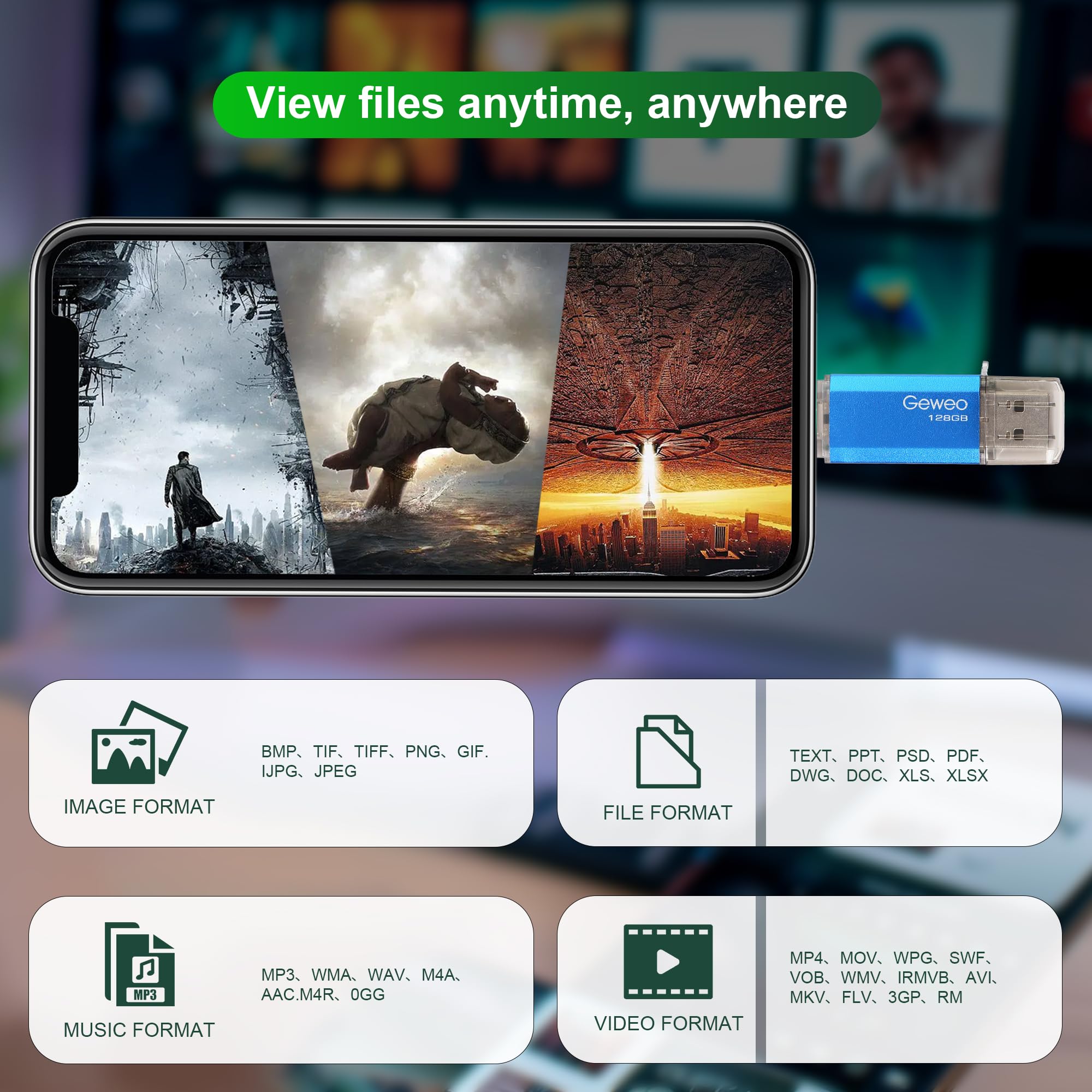Memoria USB 128GB, Flash Drive USB 2.0 Pendrive 128GB 2 en 1 OTG USB C Memory Stick para Smartphones Android, Windows, Android, Pc, Tabletas y Otras Dispositivos USB o Tipo C (Azul)