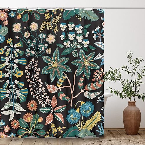 Vista 75 de Tititex Cortina de ducha de lino sintético de 4.94 oz/m², diseño floral azul con hojas doradas con flores, decoración de baño, juego de cortinas