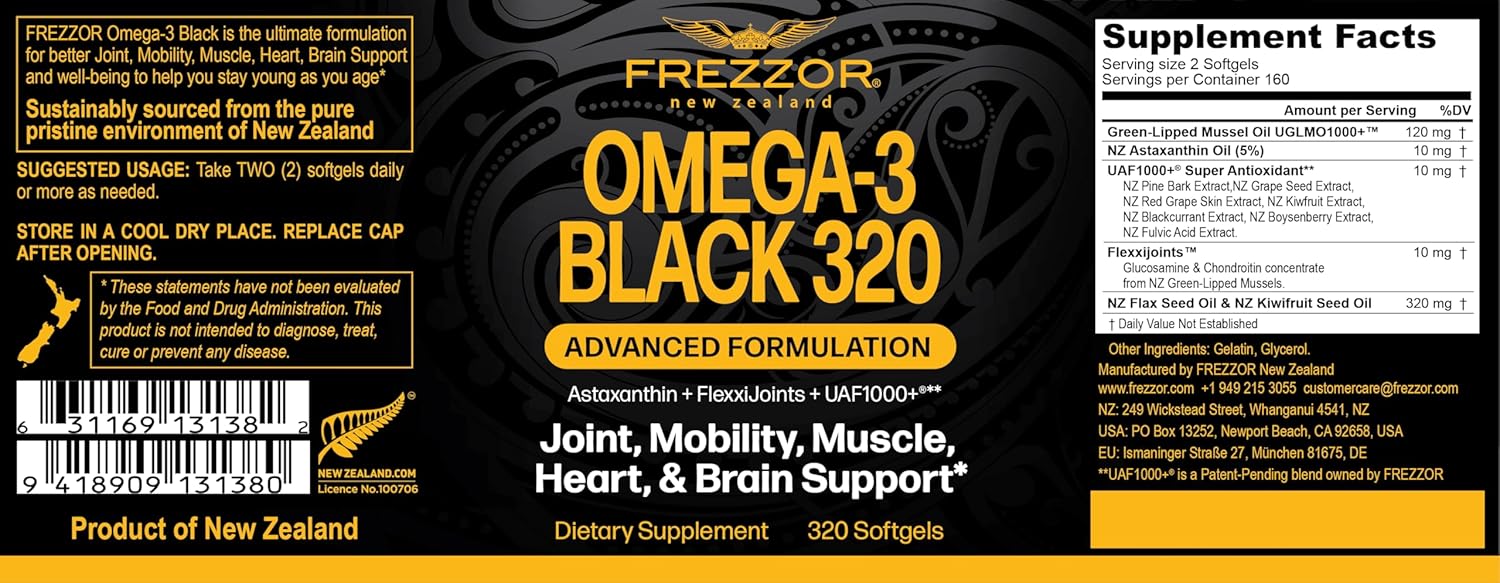FREZZOR Omega 3 Black - Green Lipped Mussel Oil Capsules, Made in New Zealand, UAF1000+, Joint Care & Relief, Heart & Immune Support, No Fishy Aftertaste, 320 Count (Pack of 1) - Image 2