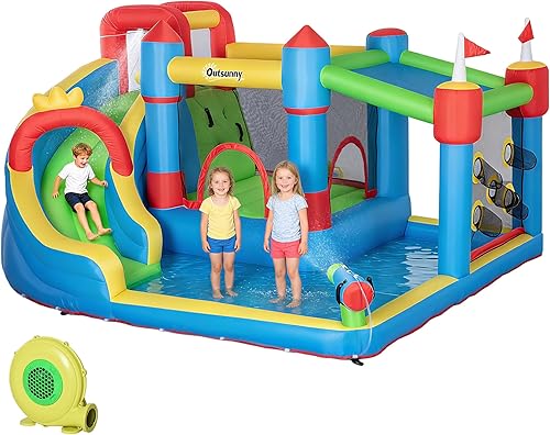 Miniatura 10 de Outsunny Tobogán acuático inflable 6 en 1 con piscina de salpicaduras, tobogán, pared de escalada, cañón de agua, casa inflable de la despedida