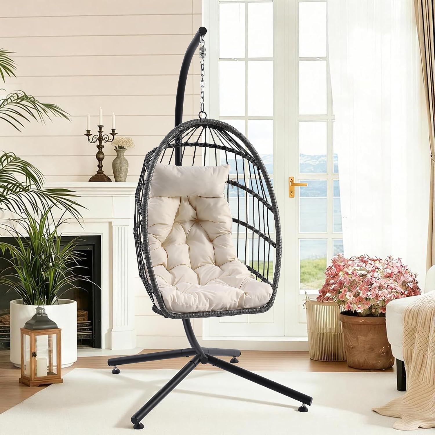 MAGIC UNION Egg Chair with Stand, Hanging Rattan Wicker Swing for Indoor Outdoor Use, Swing Hammock Chair with Cushion & Headrest, 350 Lbs Capacity for Patio, Balcony, Porch, Bedroom(Beige)