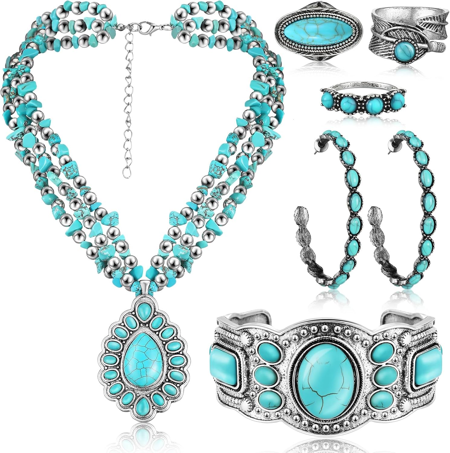 Ecally Bohemian Western Jewelry Turquoise Set Women Country Pendant Long Choker Layered Bracelets Earrings Ring for Women