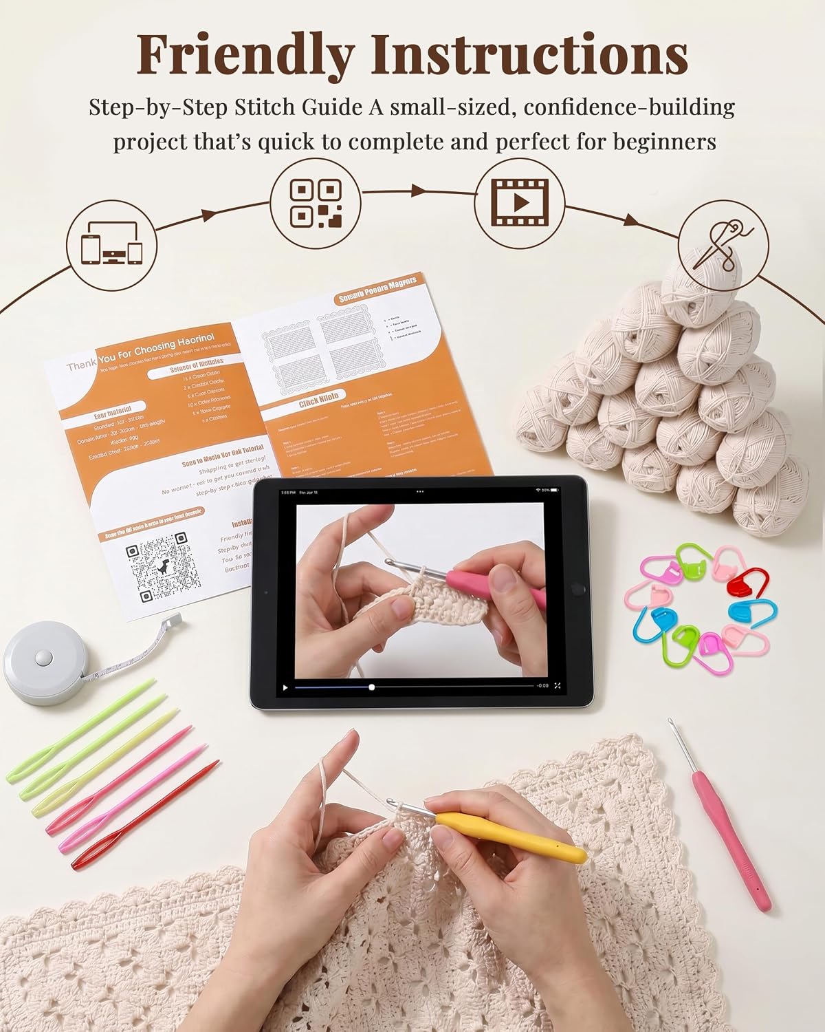 Haorino Crochet Kit for Beginners, Crochet Blanket Kit Adults with Video Instructions, Easy to Learn Knitting for Beginner