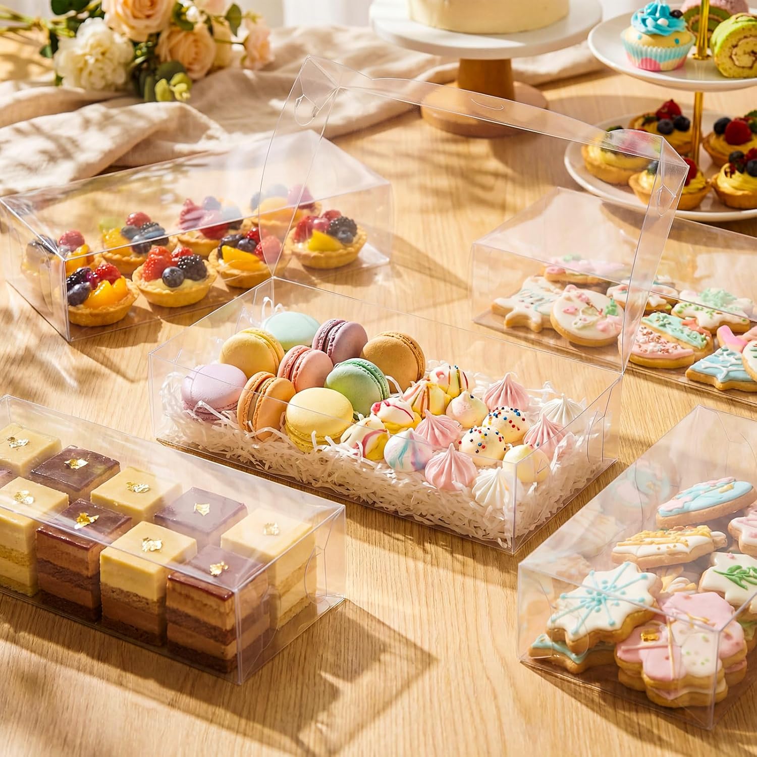 Novabright 48 Pcs Mother's Day Clear Plastic Cookie Boxes 12x5x2 Inch Chocolate Covered Strawberry Box Clear Bakery Treat Gift Holder for Macaron Muffin Bakery Display Packaging Birthday Party Favor