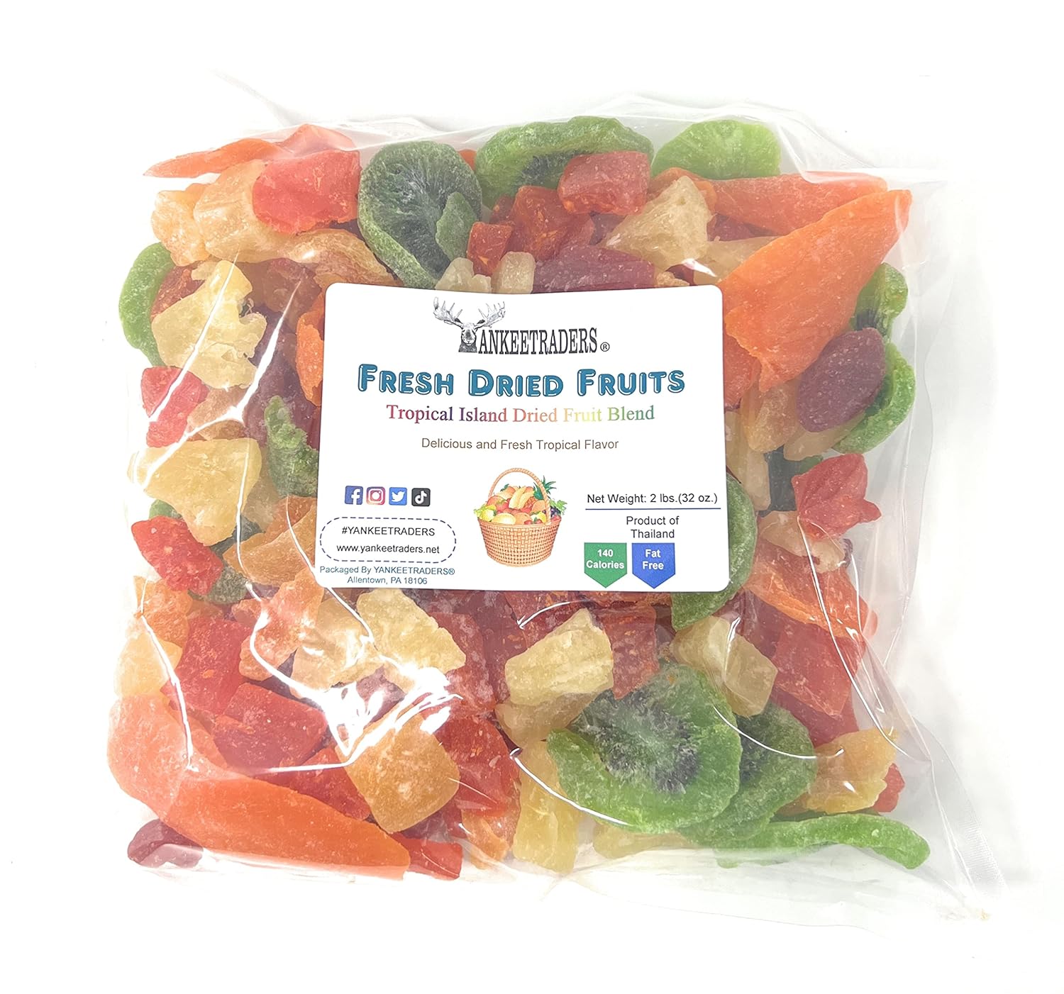 YANKEETRADERS Tropical Island Dried Fruit Blend Mix - 2 lbs Cantaloupe, Pineapple, Kiwi, Papaya, Mango & Strawberries