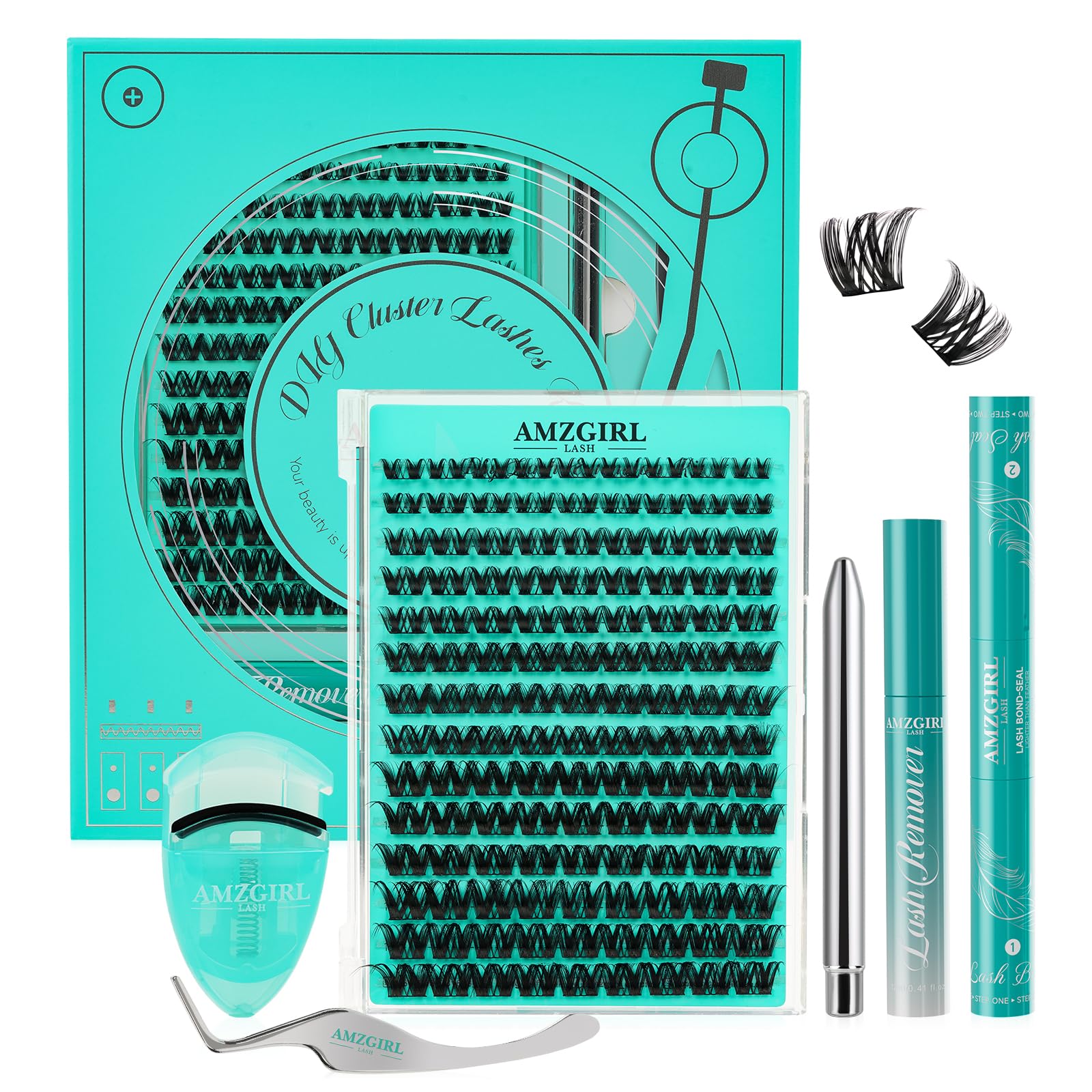 Lash Extension Kit Lash Clusters kit Lash Bond and Seal Eyelash Remover and Lash Applicator for Diy Lash Extension Kit at Home by AMZGlRL(144PcsBlues-Mix8-16mm kit)