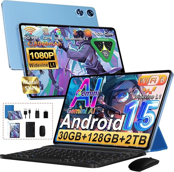 Android 15 Tablette 10 Pouces 30Go RAM+128Go ROM(TF 2To),Gemini AI,Octa-Core 8000mAh, 5G WiFi 6, 5MP+8MP,FHD 1080P Protecteur D'écran, Nombreux Accessoires,Tablette Tactile avec Clavier et Souris Bleu - 1