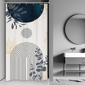 Riyidecor Small Stall Navy Blue Boho Mid Century Shower Curtain for Bathroom Decor 36Wx72H Modern Abstract Gold Leaves Minimalist Geometric Art Printed Fabric Polyester Waterproof 7 Pack Plastic Hooks