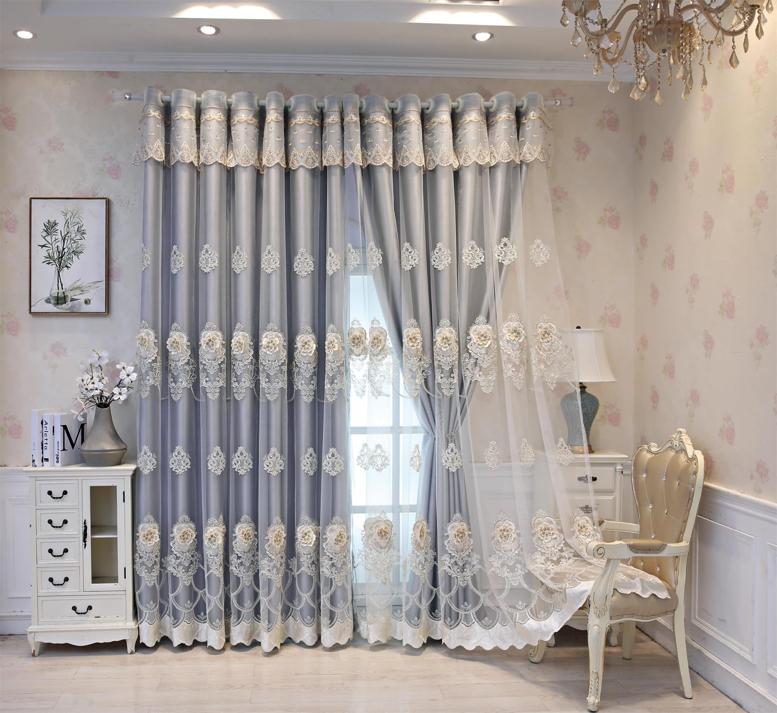 JESSANS Luxury European Curtains for Bedroom Elegant Thermal Insulated Grommet Top Double Living Room Doors Blackout Curtain and Lace Double Layer