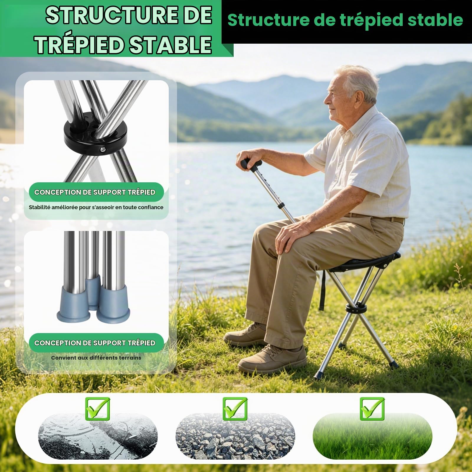 Canne de Marche avec Siège Pliable, Canne Siège Pliante, Hauteur Réglable | Bâton de Marche 2 en 1 avec Siège Pliable, Charge 150kg, Légère et Réglable, Idéale Randonnée, Camping, Voyage, Extérieures