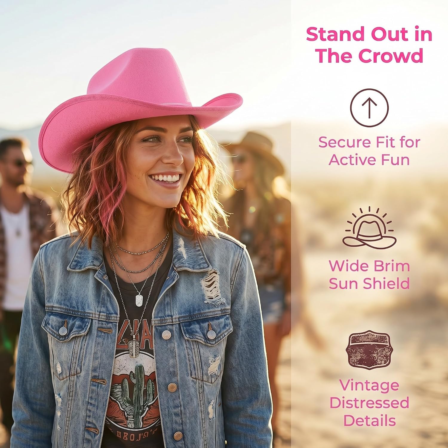 UKCOCO Pink Cowgirl Hat with Cloth Material 3pcs Western Style for Women Wide Brim Cowboy Party Hats and Secure Fit Design, for Dancing and Country Concerts
