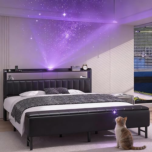 King Size Bed Frame with Star Projector & Charging Station, PU Leather Upholstered Platform with 2-Tier Storage Headboard & Storage Ottoman, Metal Support, Noise-Free, No Box Spring Needed, Black