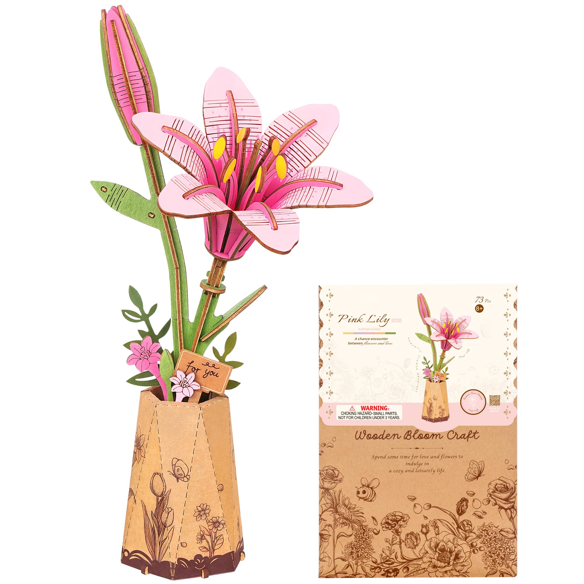 ROBOTIME 3D Puzzles for Adults, Wooden Flower Craft Kit, Pink Lily Decor