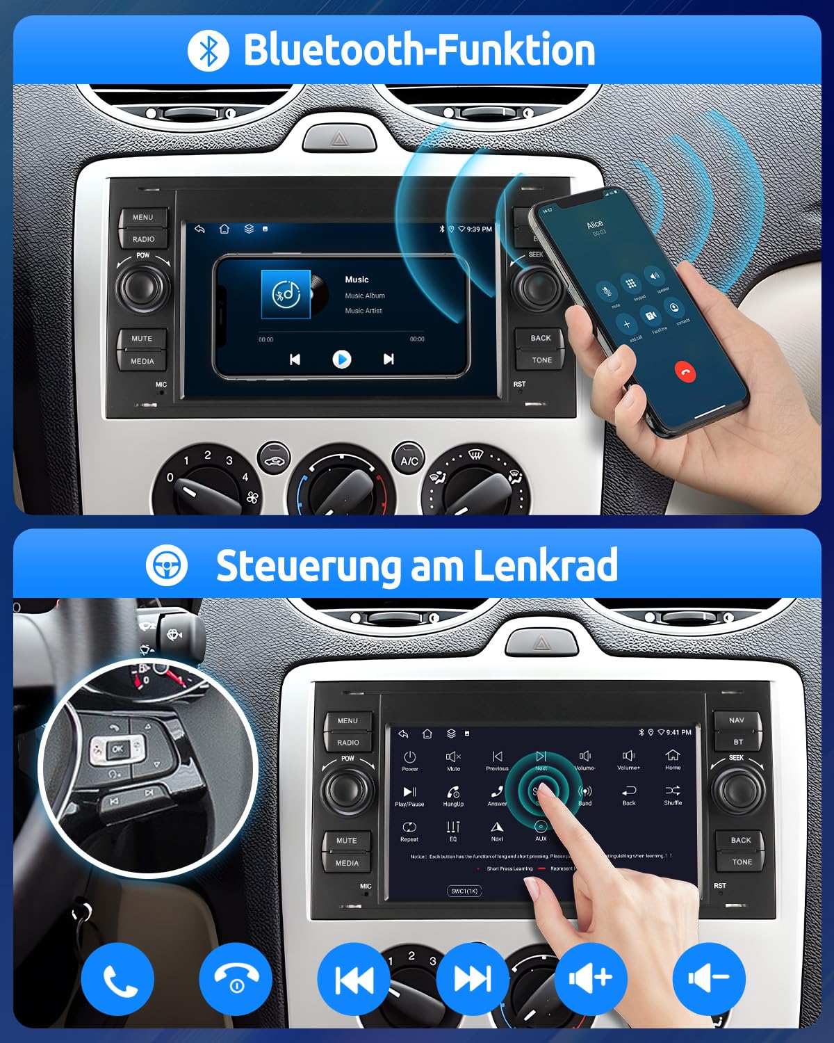 ESSGOO 2+64G Wireless Autoradio Android 14 Car Radio mit Carplay und Android Auto Für Ford Fiesta Galaxy Transit Connect MK7 Focus Fusion Kuga S/C-Max, 7 Zoll Touchscreen mit Bluetooth FM USB GPS