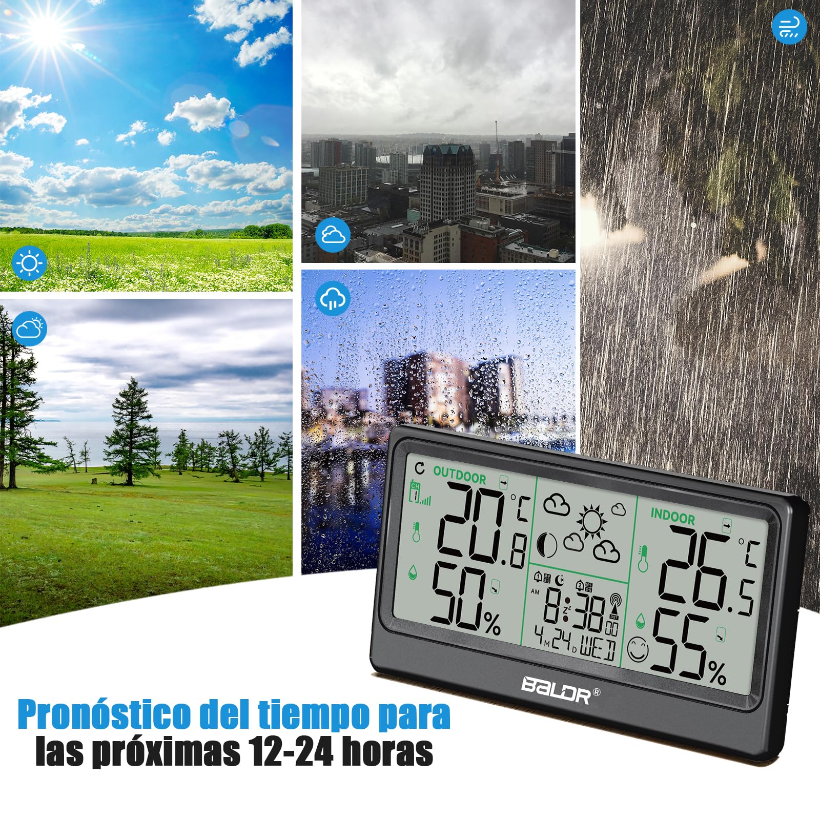 Estacion Meteorologica Inalámbrica, 8.5" Termómetro Higrómetro Barómetro Interior Exterior Reloj Atómico Pronóstico del Tiempo Reloj Digital Alarma Función de Repetición Pantalla de Hora Fecha Día