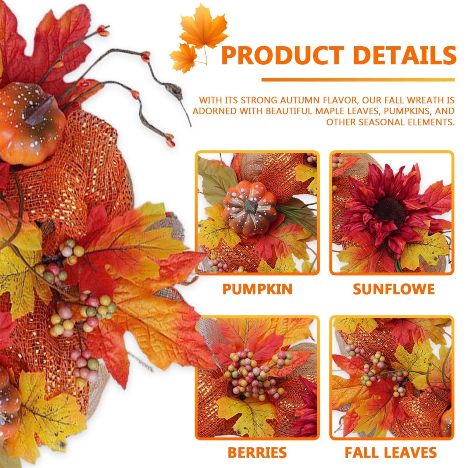 Couronne décorative, Couronne d'automne avec Feuille d'érable Couronne d'automne Porte d'entrée Couronne Feuilles d'érable d'automne Couronnes Thanksgiving Halloween Décoration Porte Ferme Thanksgiv