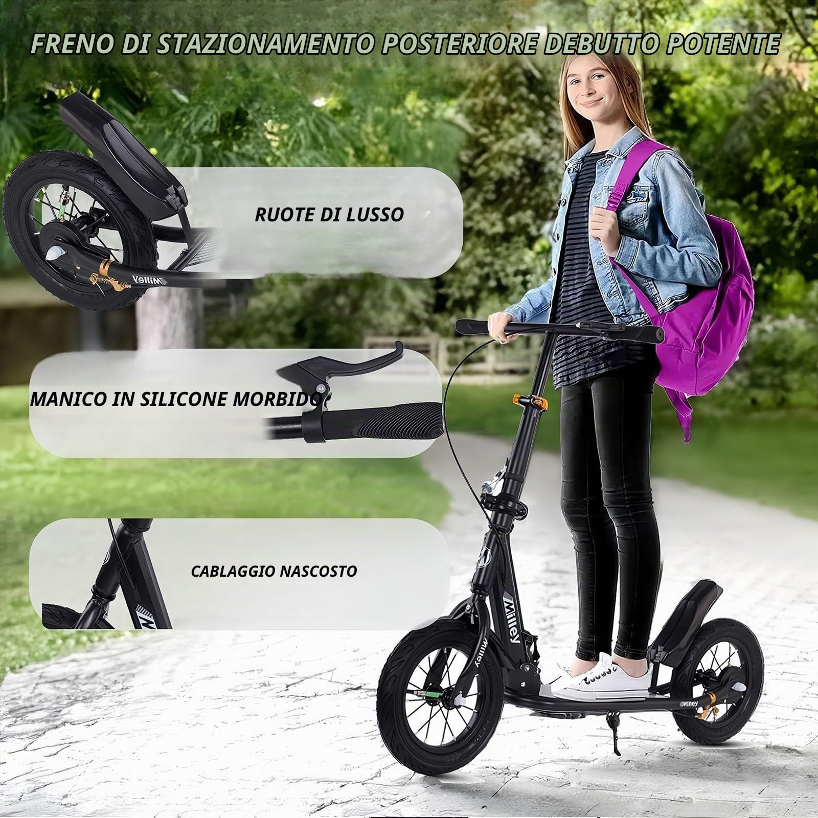 City Roller Kickscooter Adulti, Monopattino con Ruote Grandi da 290mm, Monopattino da Città Pieghevole con Freno a Mano e Freno, Altezza Regolabile, Capacità di Carico 150 kg