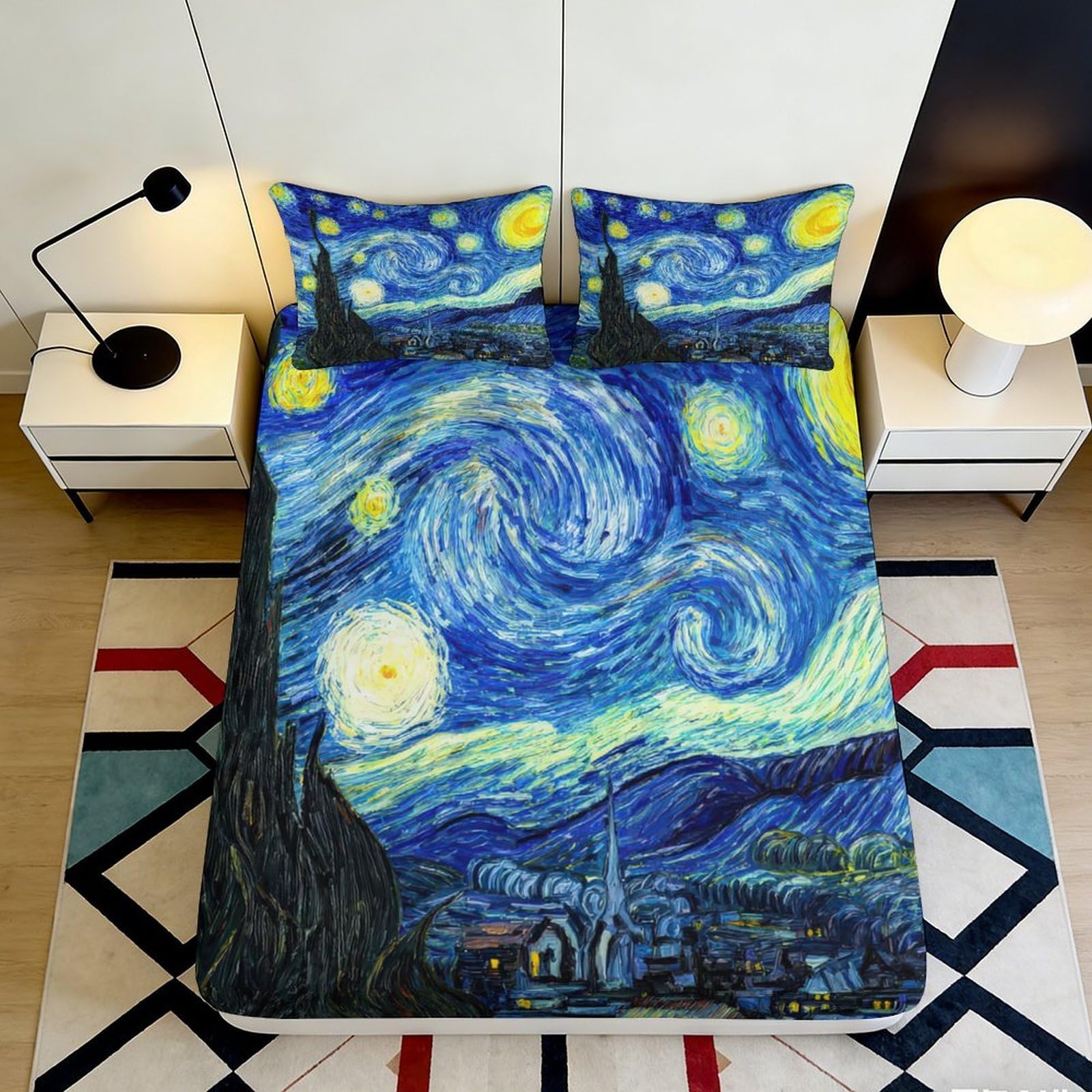 3D Printed Starry Night Fitted Sheet Microfiber Artistic Bedroom Decor Van Gogh Sky Mattress Cover for Home Dorm 90x200x25cm