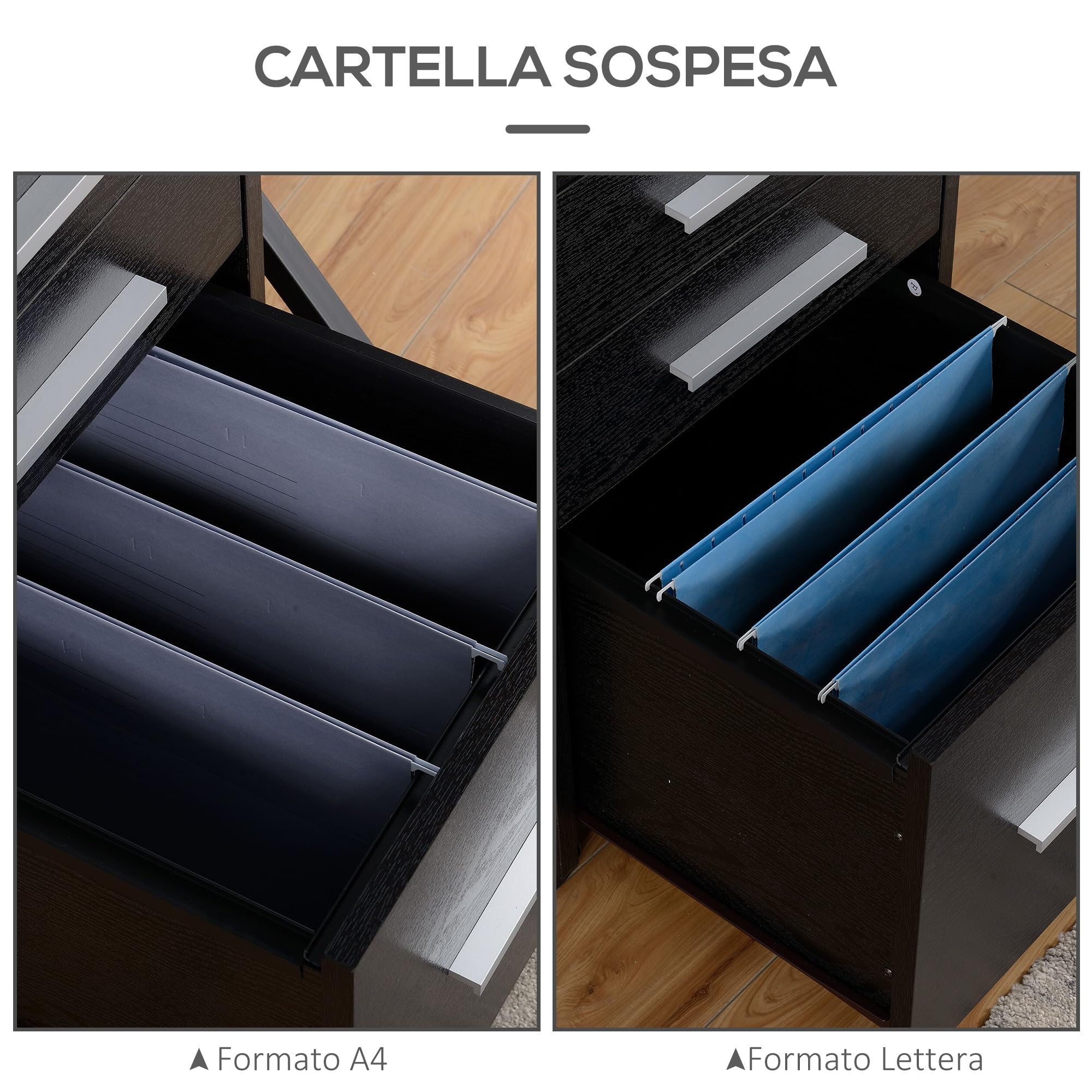 HOMCOM Schedario da Ufficio con 3 Cassetti, 5 Ruote, Cassettiera Ufficio con Serratura e 2 Chiavi per Lettera/Legale/Formato A4, Armadietto Verticale per Studio, 39.2x40x65.4 cm, Nero