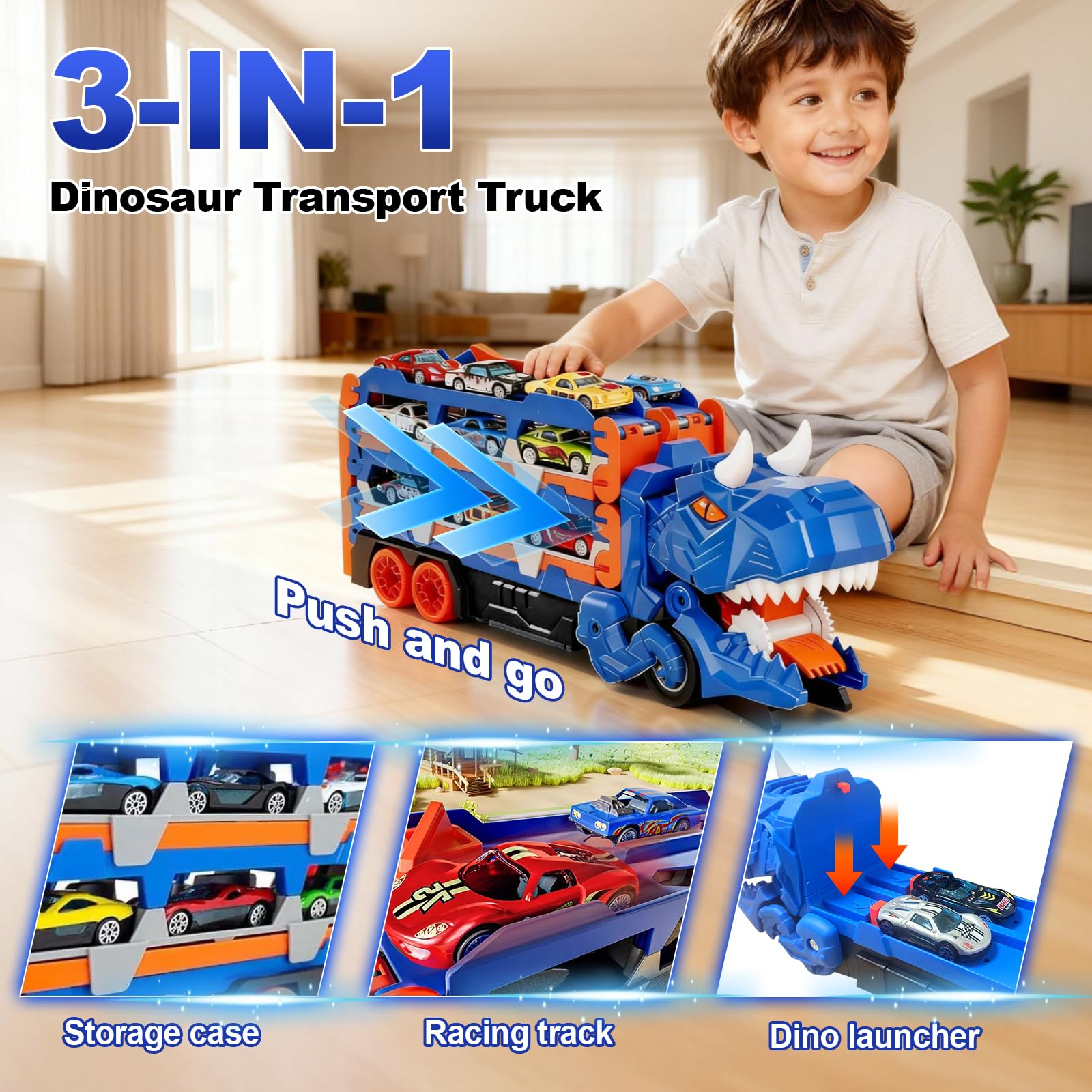 Camion Trasporto Dinosauri, Transporter Truck Macchinine Giocattoli con 12 Auto da Corsa e Pista Pieghevole Camion Trasportatore di Dinosauri Giocattolo Regalo per Ragazzi dai 2 3 4 5 6 7 Anni