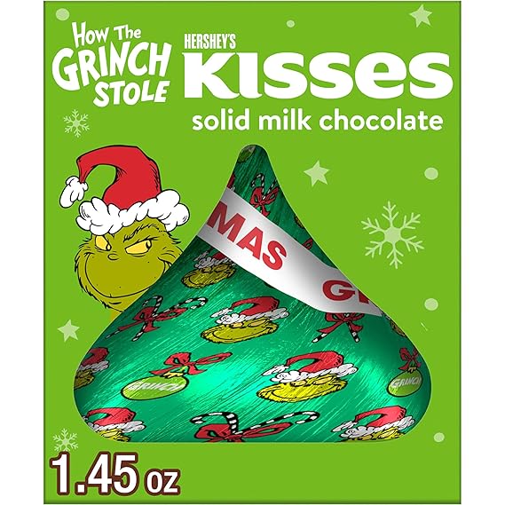 HERSHEY'S KISSES Grinch Solid Milk Chocolate, Christmas Candy Gift Box, 1.45 oz
