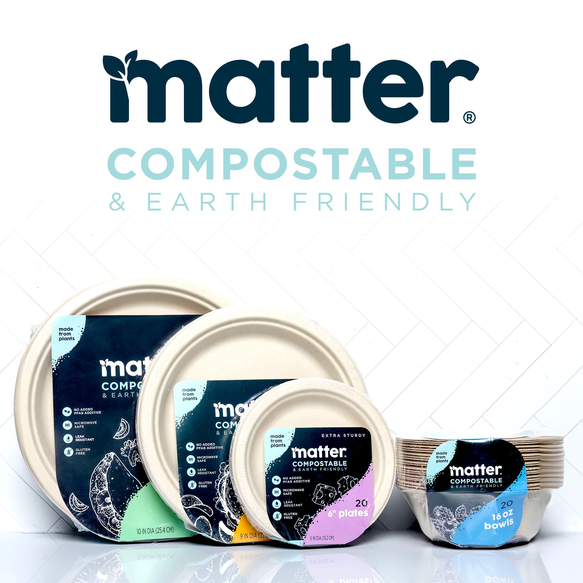 Matter Platos de papel compostables de 6 pulgadas, platos de postre desechables, resistentes para aperitivos, chocolate, pasta, ideales para barbacoas en el patio, platos de fiesta y contenedor de