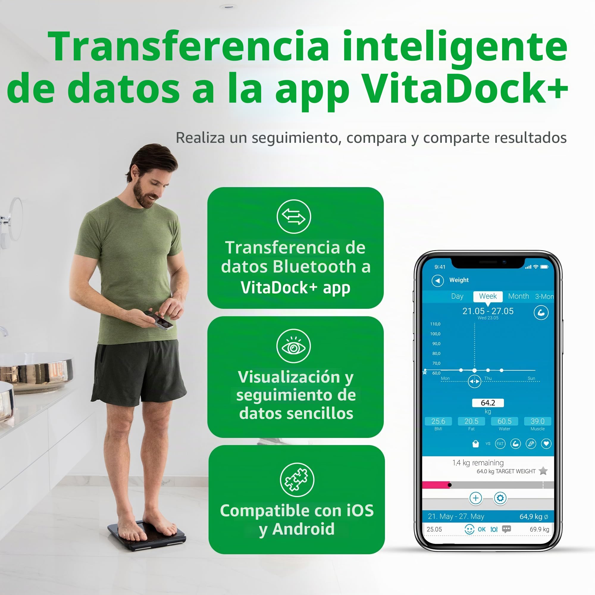 medisana BS 850 connect báscula de análisis corporal con 8 electrodo | con sensores manuales, medición de peso, grasa corporal, masa muscular, bascula de baño con conexión a aplicación