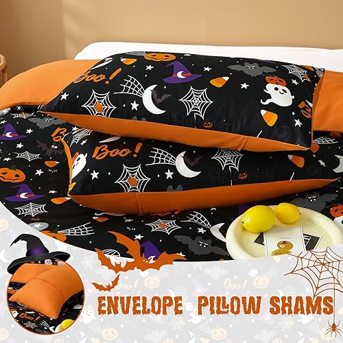 Miniatura 6 de Luxudecor Juego de funda de edredón de Halloween, tamaño Queen, diseño de telaraña, murciélago, calabaza, murciélago, telaraña, reversible, funda de