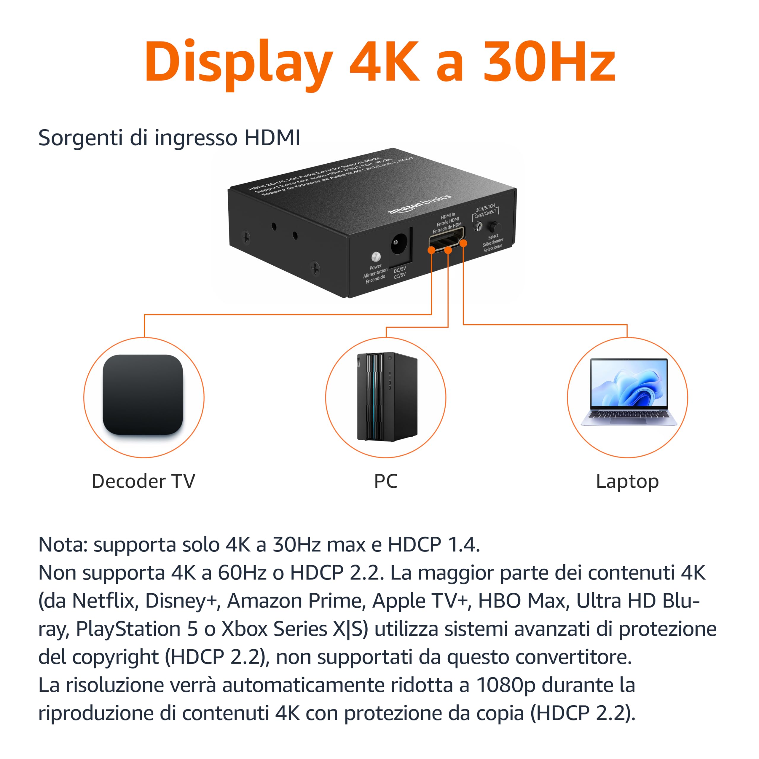 Amazon Basics Estrattore convertitore audio HDMI 4K@30Hz RCA stereo SPDIF Nero