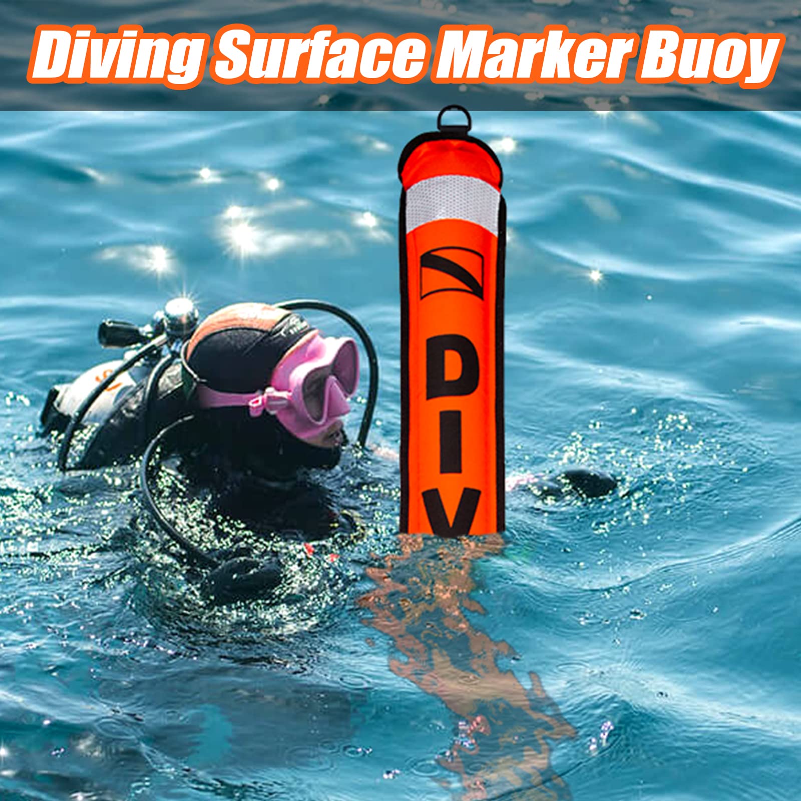 Pluzluce 5FT Dive SMB Surface Marker Buoy, High Visibility Inflatable Scuba Signal Tube with Reflective Strip, Safety Sausage Surface Signal Marker Buoy Float for Underwater Diving Snorkeling