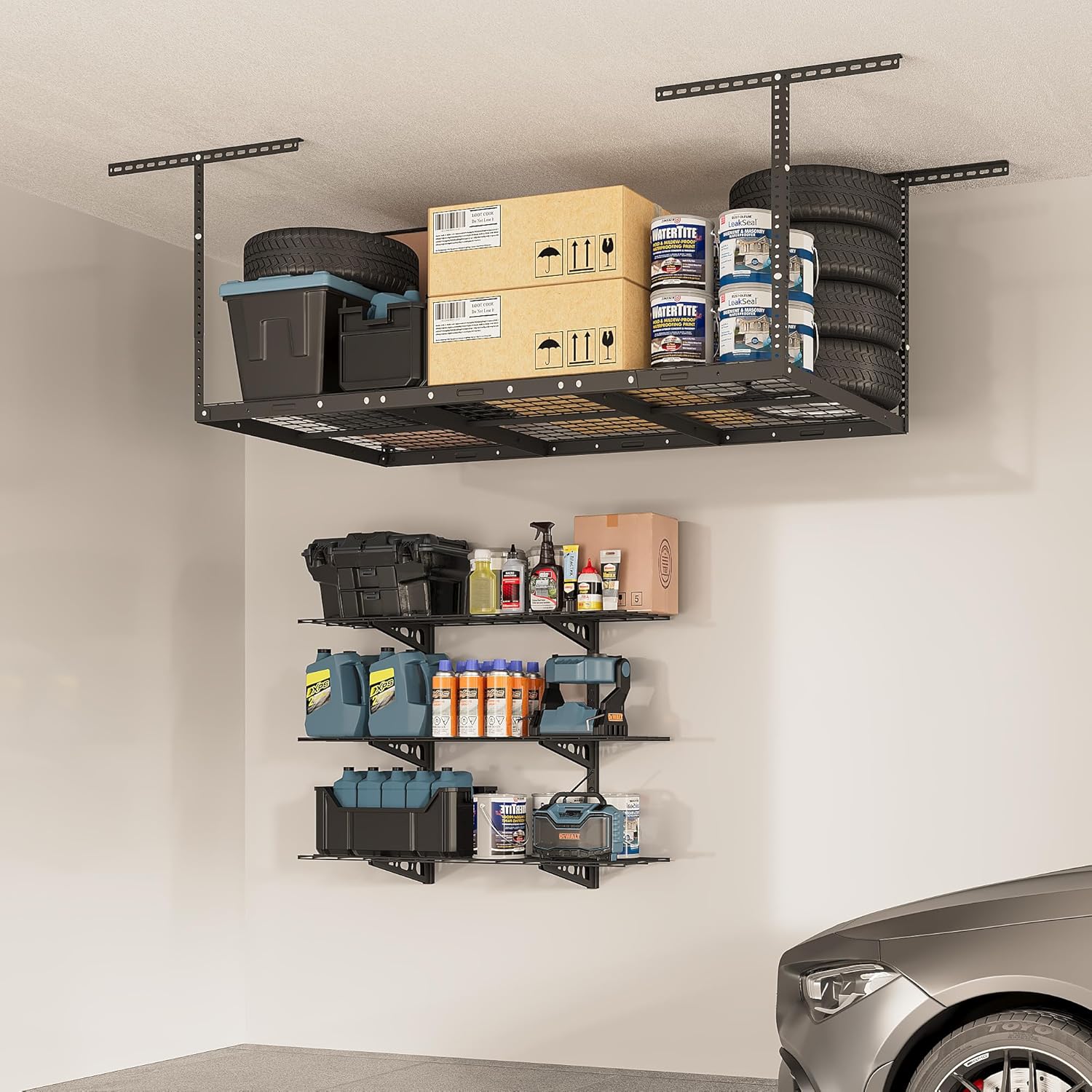 FLEXIMOUNTS 3x6 Overhead Garage Storage Rack, plus 3-Tier 1x4ft Wall Mounted Adjustable Shelving Unit, 450lbs+450lbs Capacity, Black Steel Frame