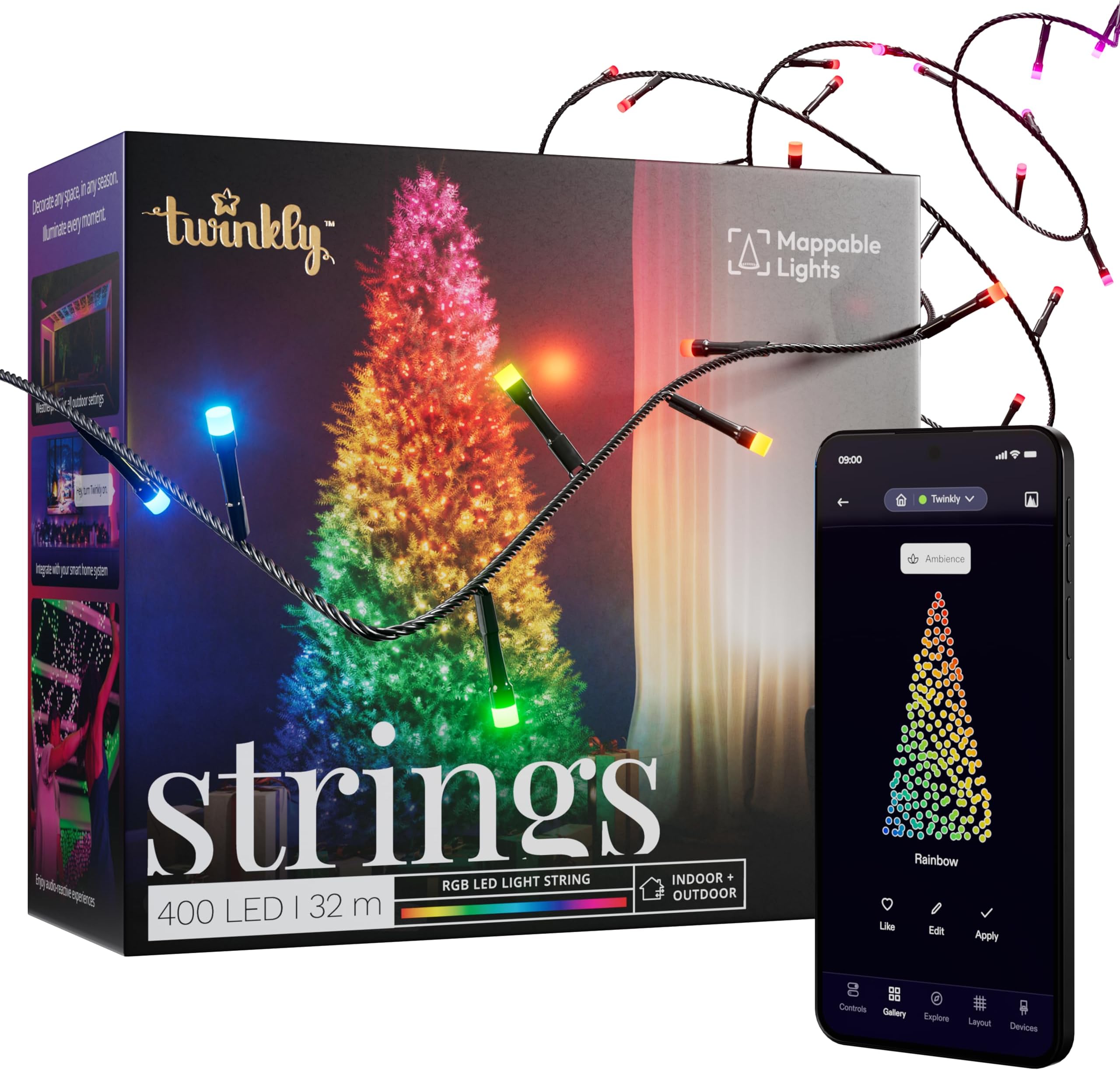 Twinkly Strings 400 LED RGB, LED Light String for in- and Outdoor, Smart LED Lights, Mappable LEDs, Compatible with Alexa and Google Home, IP44, Controlled by App, Black Wire, 32m