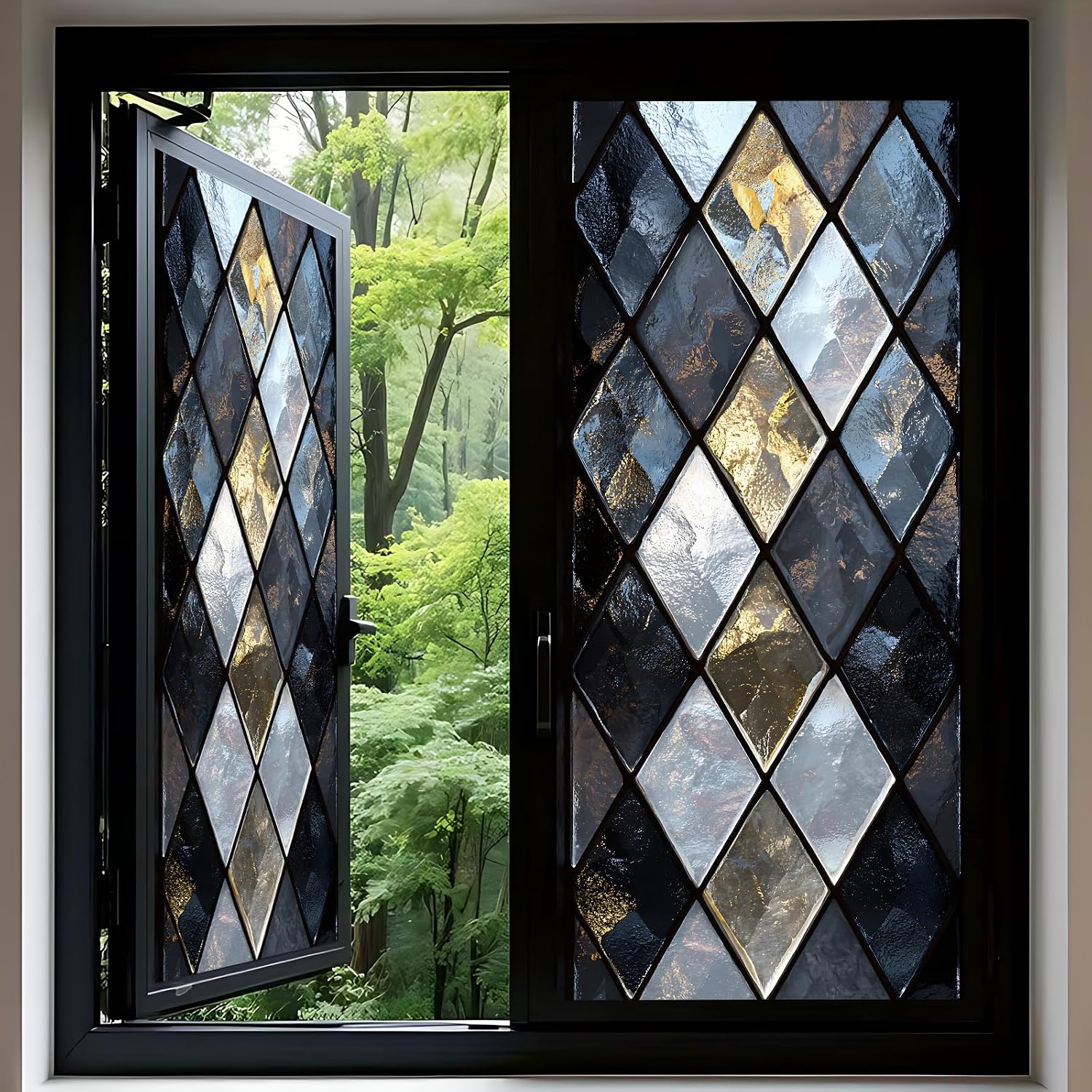 Stained Glass Style Static Cling Window Film, Non-Adhesive and Reusable, Suitable for Home Door and Window Decoration, 17.5x39.4 inches (Diamond-Shaped Stained Glass Window 2, 17.51x39.37 inches)