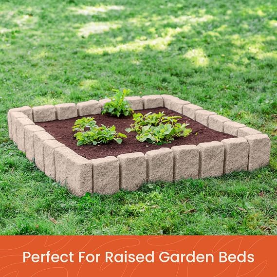 Beuta Landscape Edging | Garden Edging Border | Faux Stone Block XL for Lawn Edging, Flower Beds & Yard Edging 4 Pack | Each Section Has 6 Blocks 48 L x 4 W x 9.5 H | 12 Spikes | Cobblestone