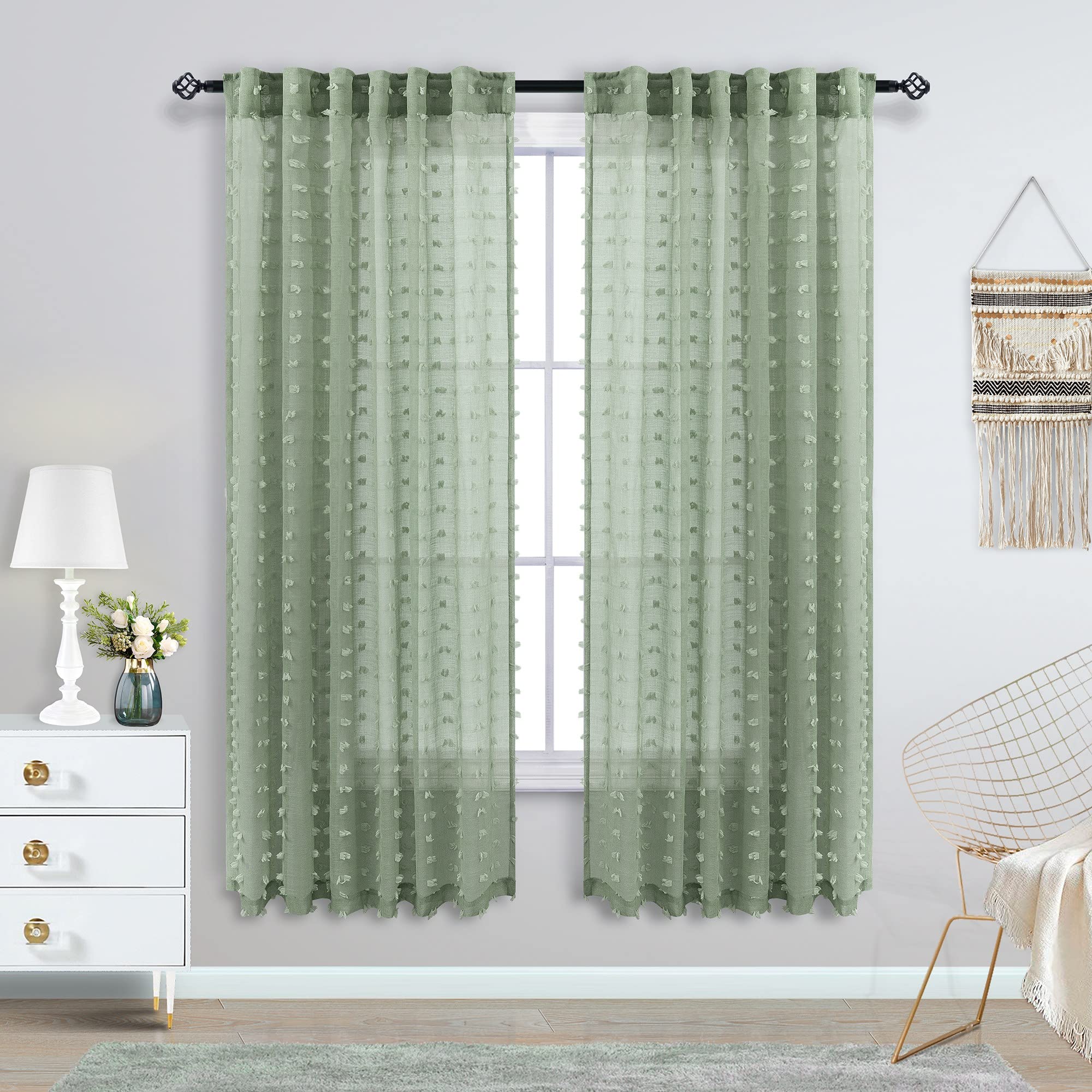 KOUFALL Sage Green Curtains for Bedroom,Semi Sheer Privacy Not See Through Pom Pom Flowy Boho Living Room Curtains 63 Inch Length 2 Panels