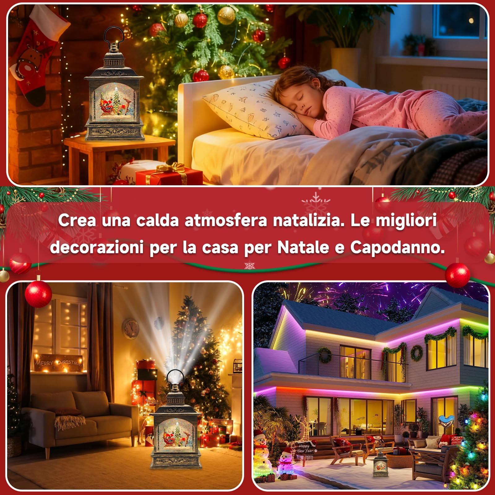 Lanterna di Natale,natale decorazioni casa,Palle di vetro natalizie Globi con Musica,Proiezione,Timer,Glitterata Neve - 3AA Batteria/USB – Decorazione Natalizia 2026 per Casa e Tavolo,regali di natale