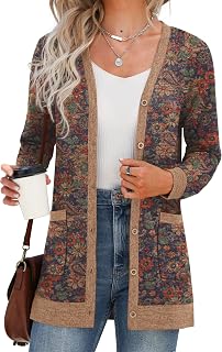 GRECERELLE Women's Long Sleeve Open Front Cardigan with Pockets - Lightweight Ribbed Knit Button Down Sweater