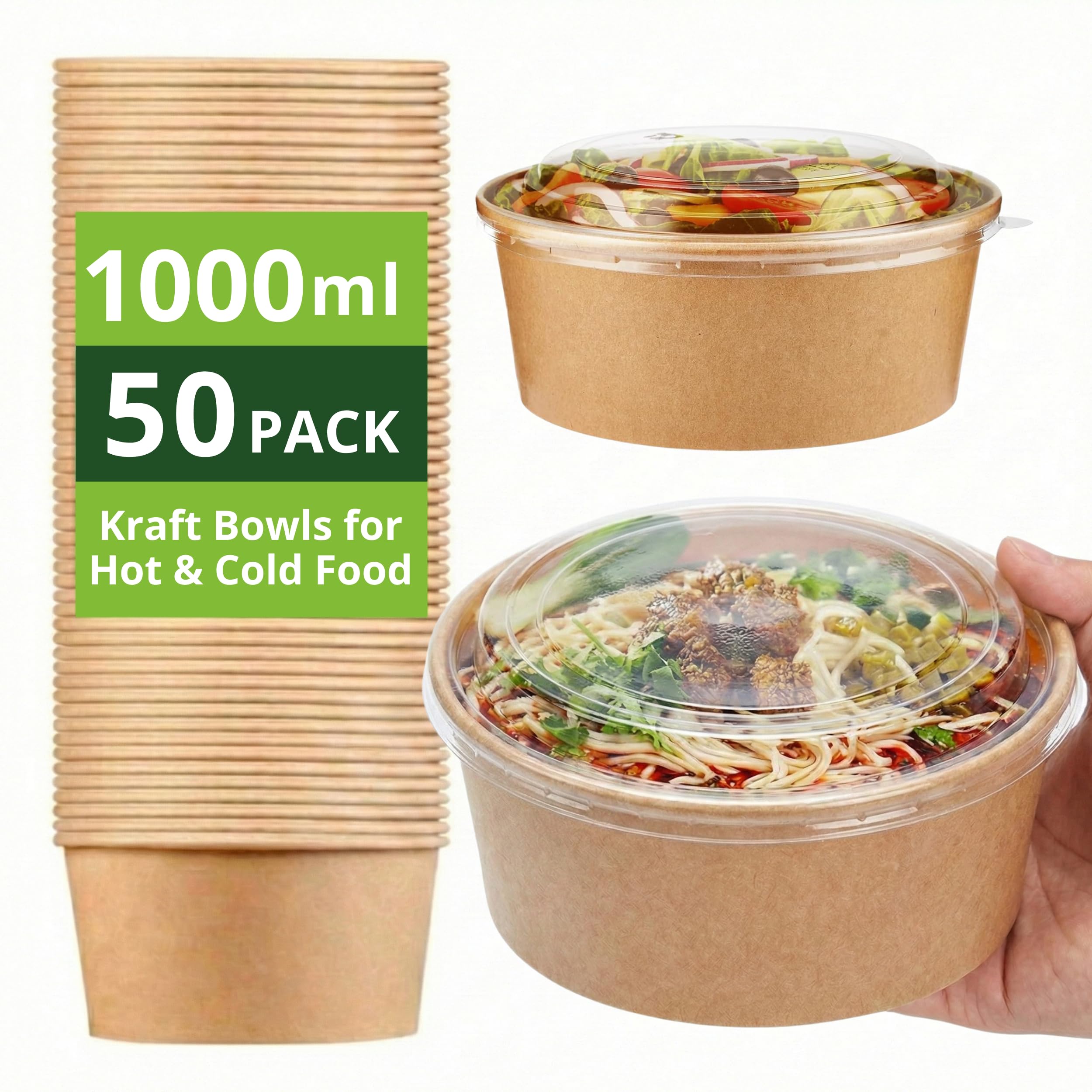 Ask Packaging 50 x 1000ml Kraft Salad Paper Bowls with Lids – Takeaway Containers for Hot & Cold Food – Leak-Resistant Soup Bowls – Disposable Food Containers for Restaurants & Meal Prep