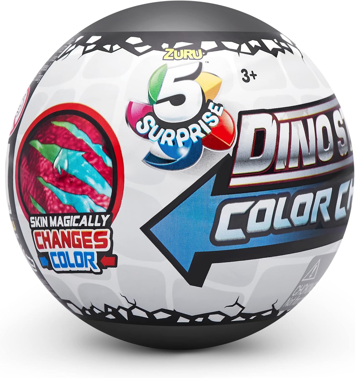Front view of a 5 Surprise Dino Strike Series 5 Color Change capsule, showing the ZURU logo and 'Skin Magically Changes Color' text.